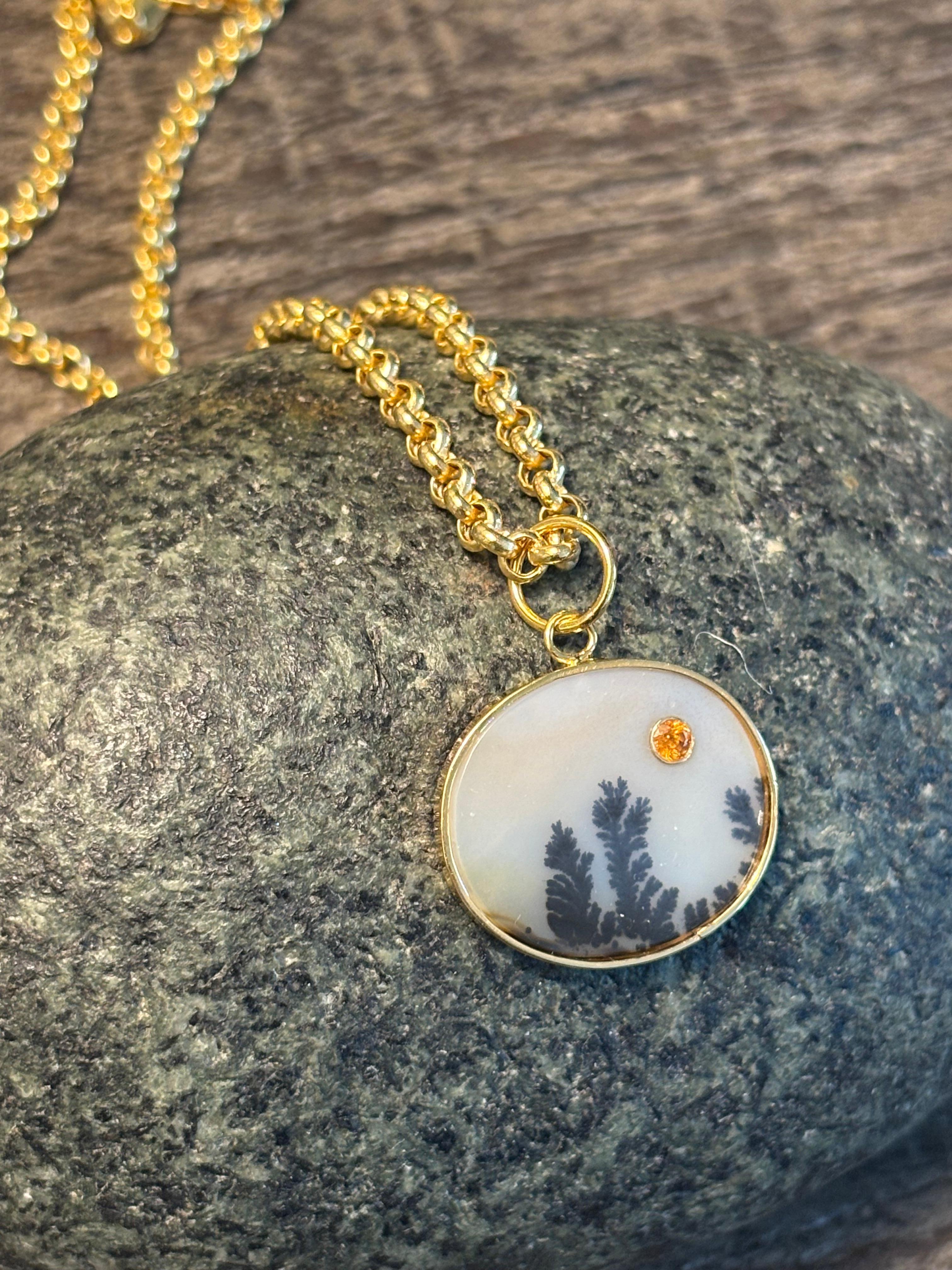 Pendentif DENDRITIC AGATE avec grenat MANDARIN et or 14 carats en vente 4