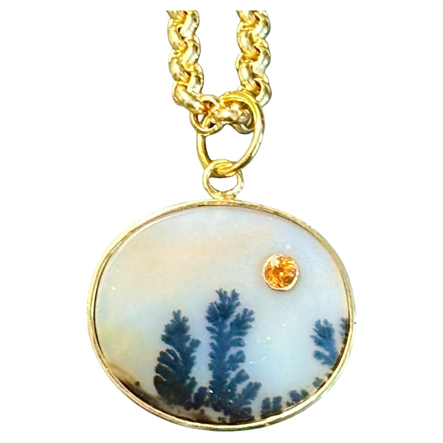 DENDRITIC AGATE PENDANT with MANDARIN GARNET & 14K GOLD