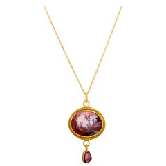 Dendritic Agate Pink Sapphire Rose Cut Granulation Yellow Gold Pendant Necklace