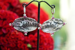 Dendritic Agate, Ruby, Diamond and 18 Karat White Gold Earrings