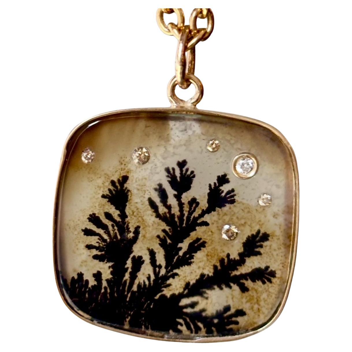 DENDRITIC AGATE PENDANT, with White Diamonds, Champagne Diamonds 
14k Gold