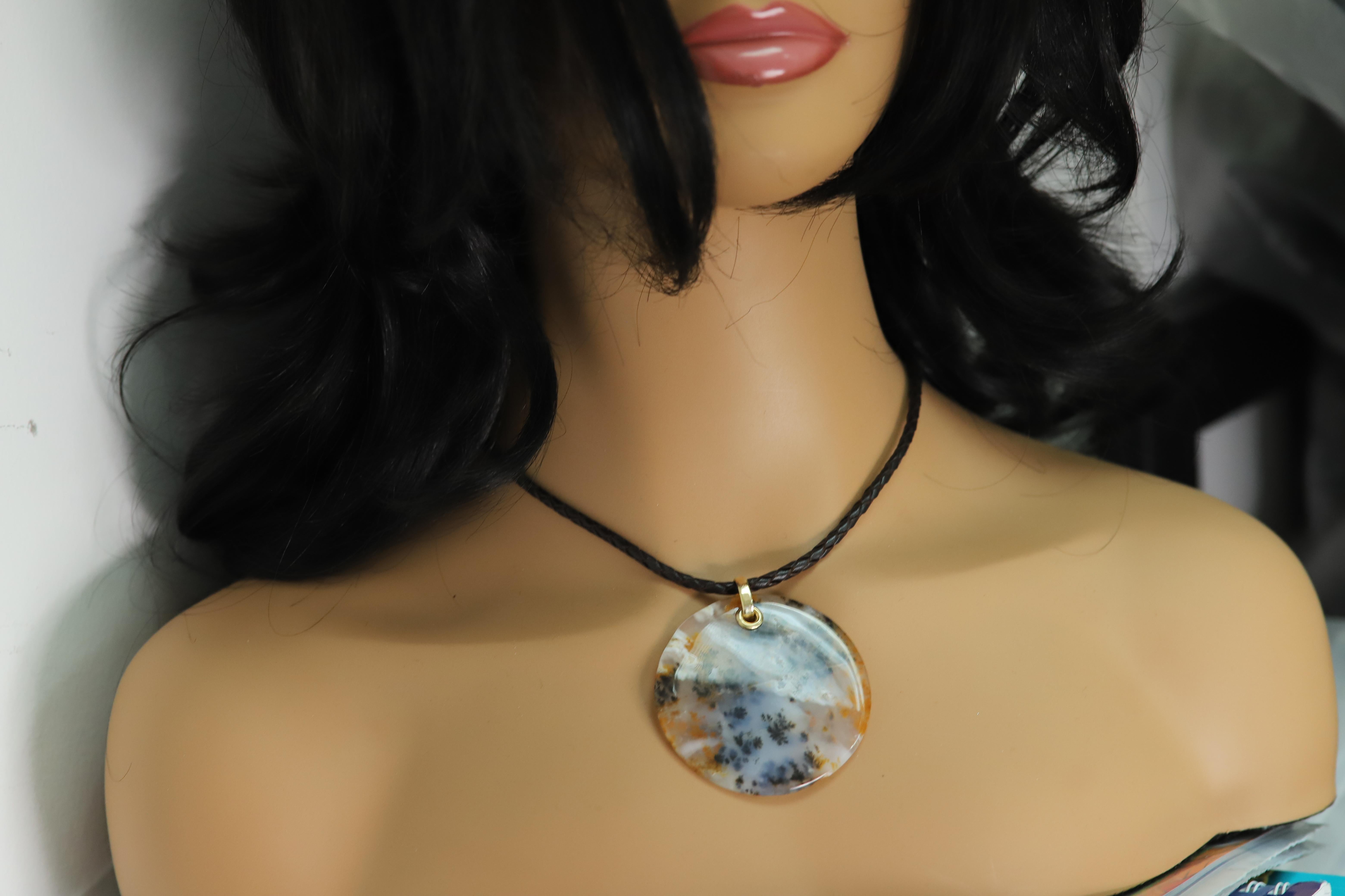 Collier d'Agate mousse dendritique Pendentif en pierre naturelle Or jaune 14 carats en vente 5