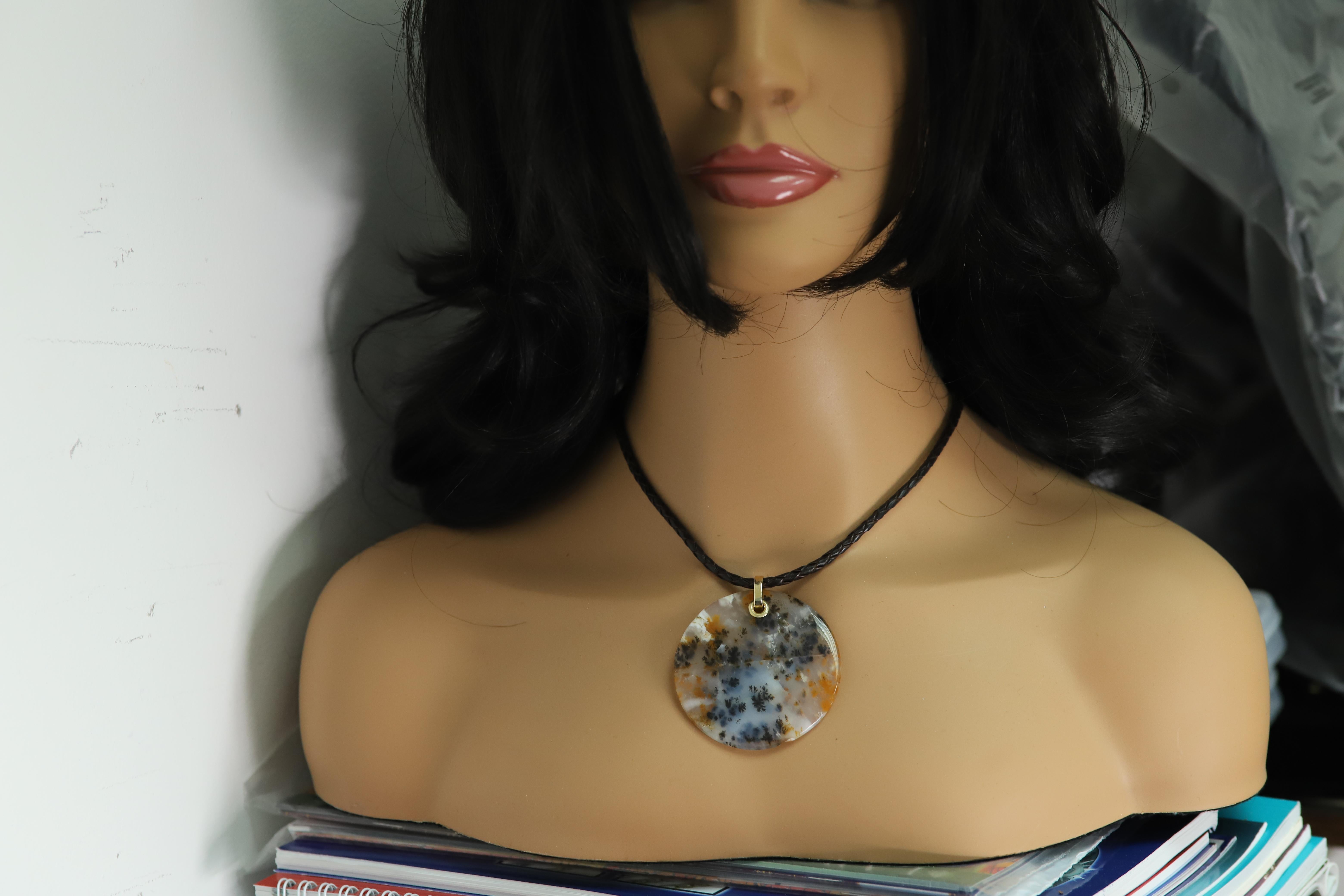 Collier d'Agate mousse dendritique Pendentif en pierre naturelle Or jaune 14 carats en vente 6