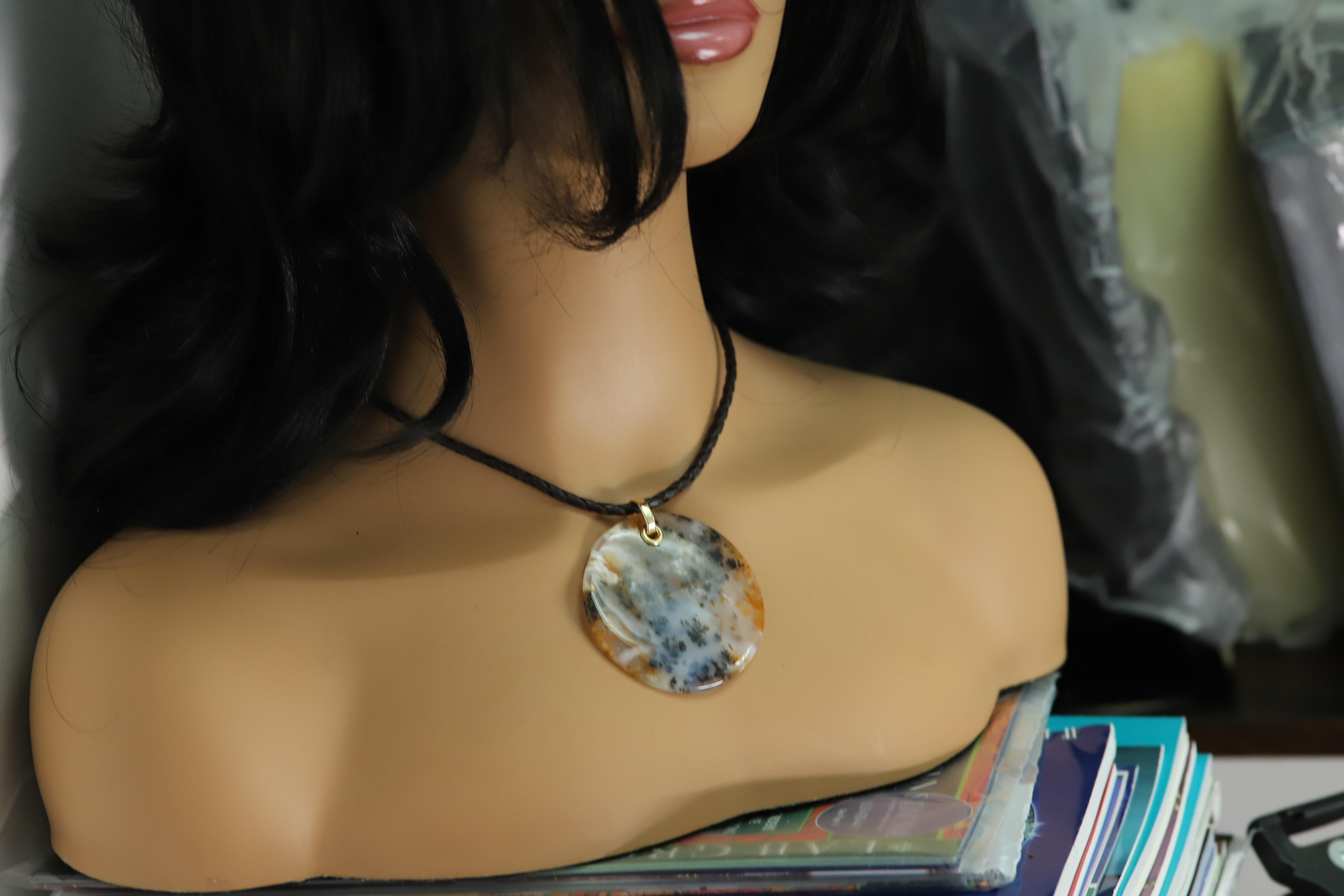 Collier d'Agate mousse dendritique Pendentif en pierre naturelle Or jaune 14 carats en vente 2