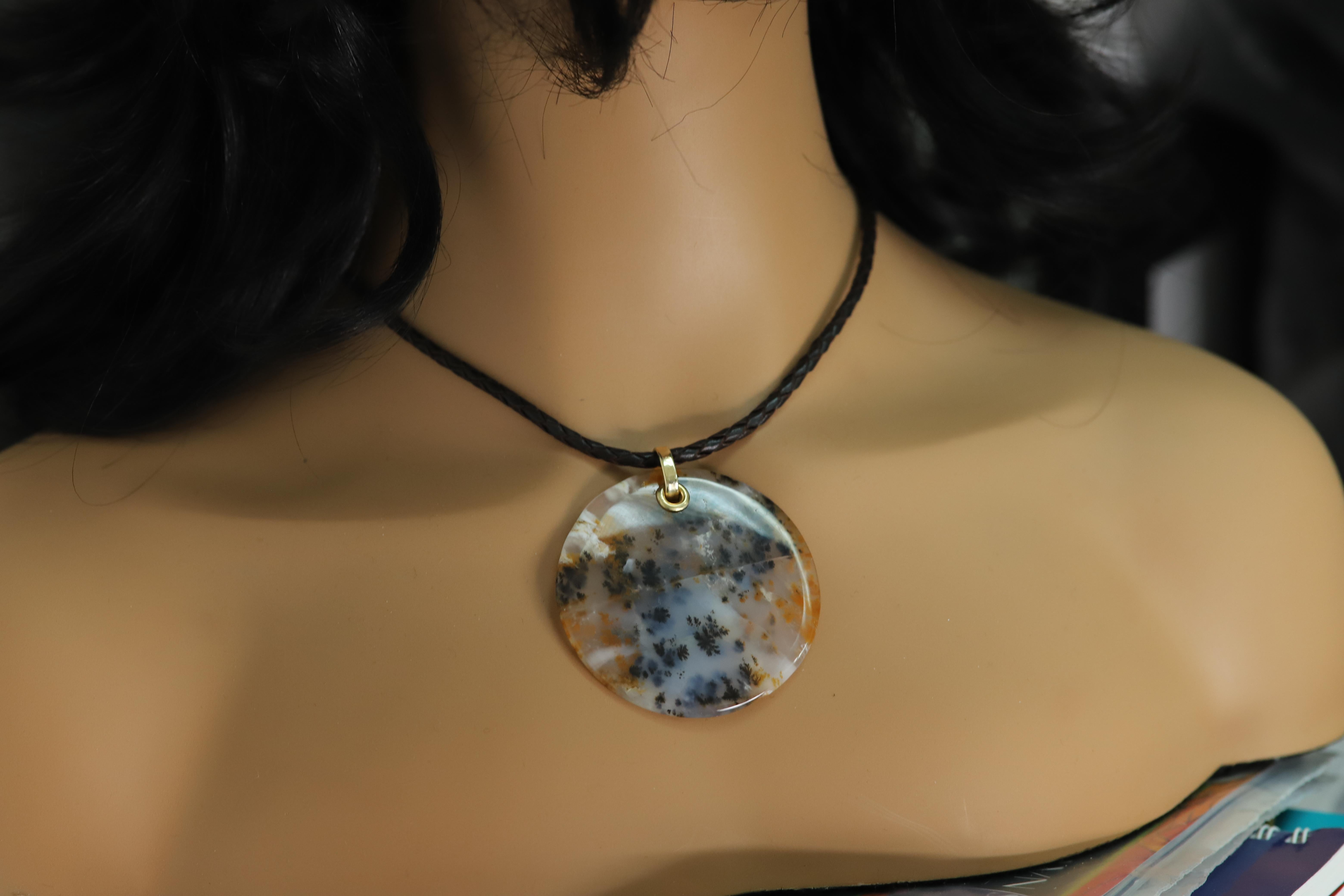 Collier d'Agate mousse dendritique Pendentif en pierre naturelle Or jaune 14 carats en vente 3