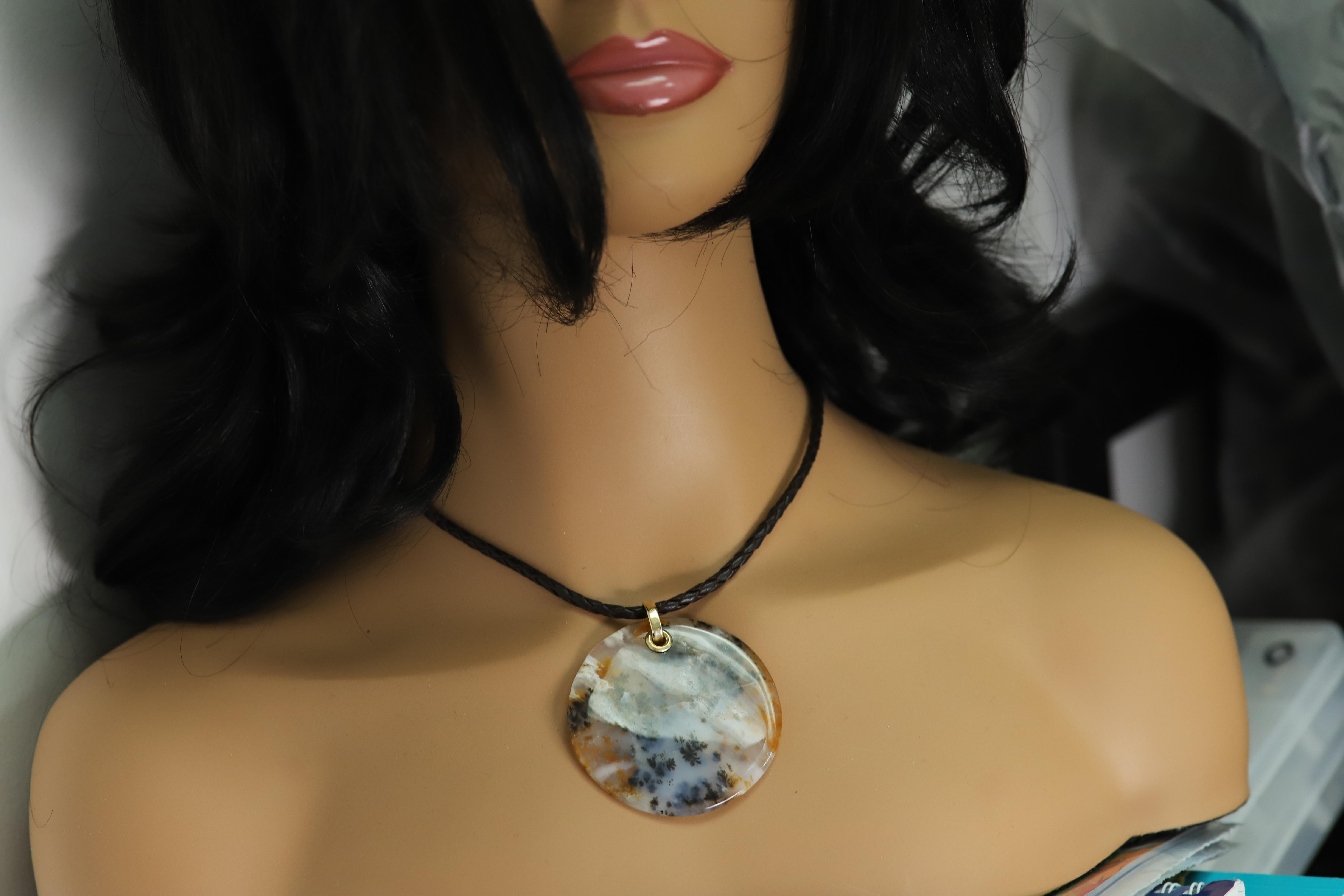Collier d'Agate mousse dendritique Pendentif en pierre naturelle Or jaune 14 carats en vente 4