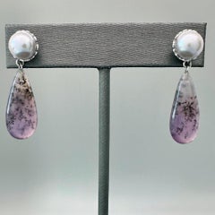 Dendritic purple chalcedony, grey button pearl, and 14k white gold drop earrings