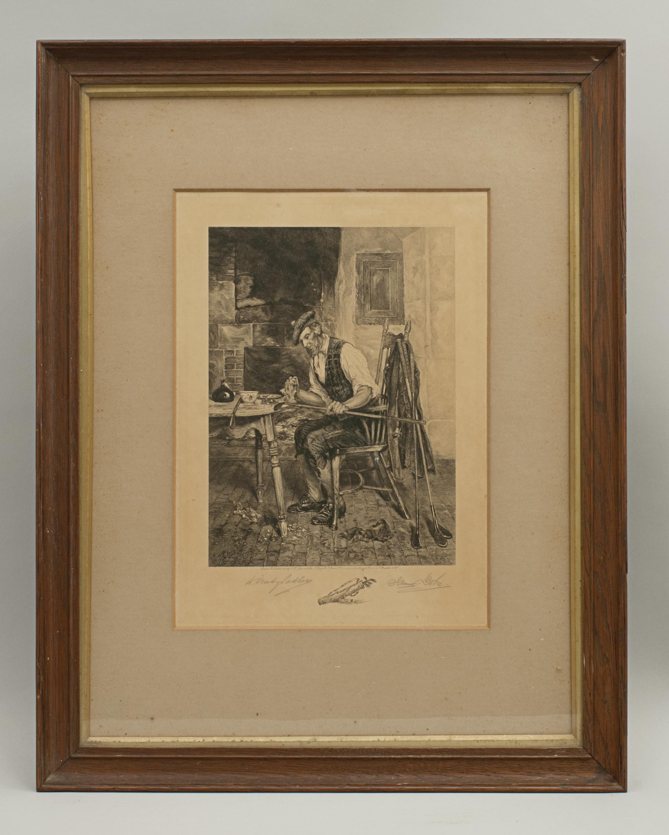 Golf print 'The Royal and Ancient' after Dendy Sadler.
A good oak framed artist proof golf etching by James Dobie after the painting by Dendy Sadler. The picture depicts a Scottish gentleman at his kitchen table cleaning some golf clubs, amongst