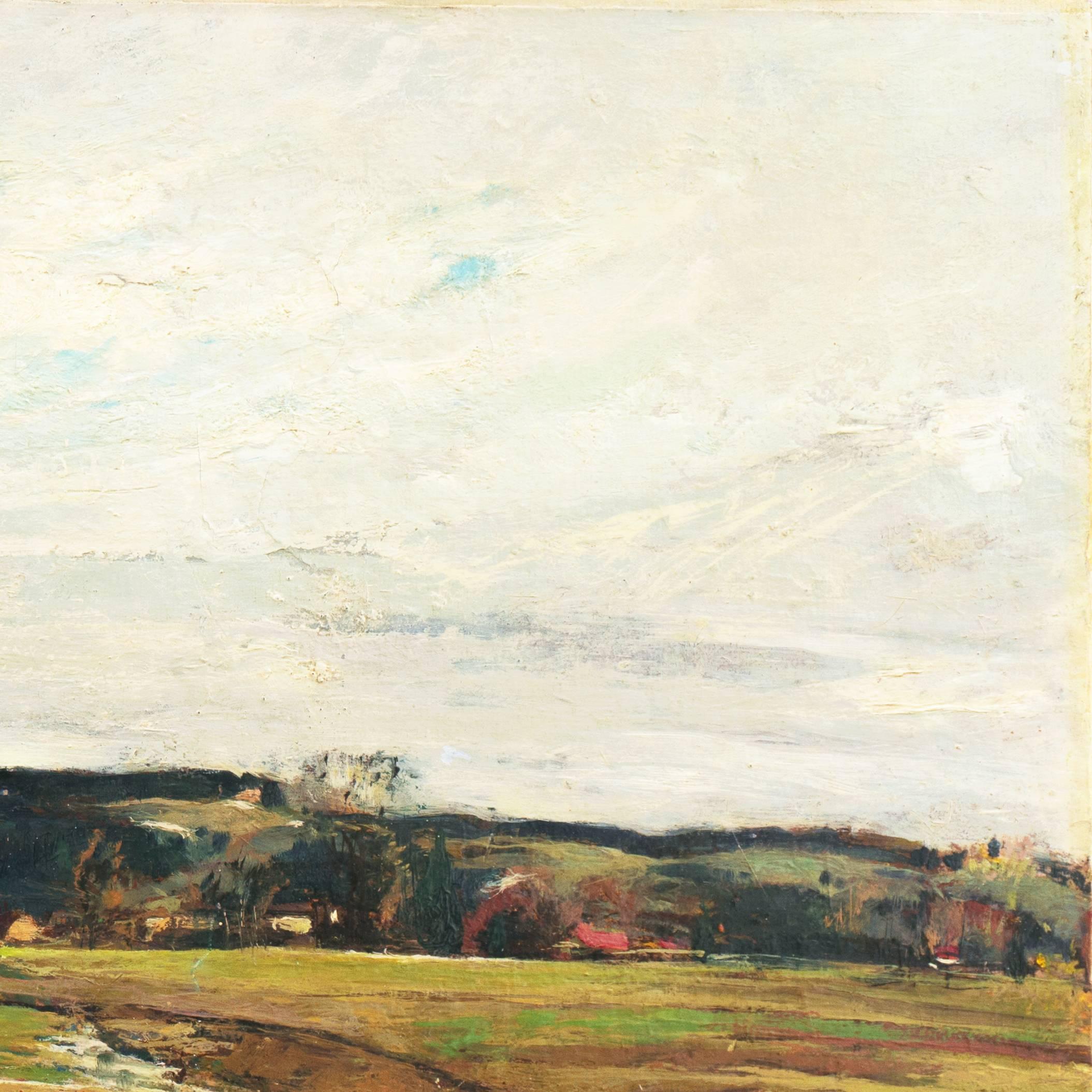 Signed lower right, 'Csanki' for Denes Csanki (Hungarian, 1885-1972) and painted circa 1935.

A substantial and atmospheric landscape showing a panoramic view of the Hungarian countryside in the early spring with wild flowers blooming and ice still