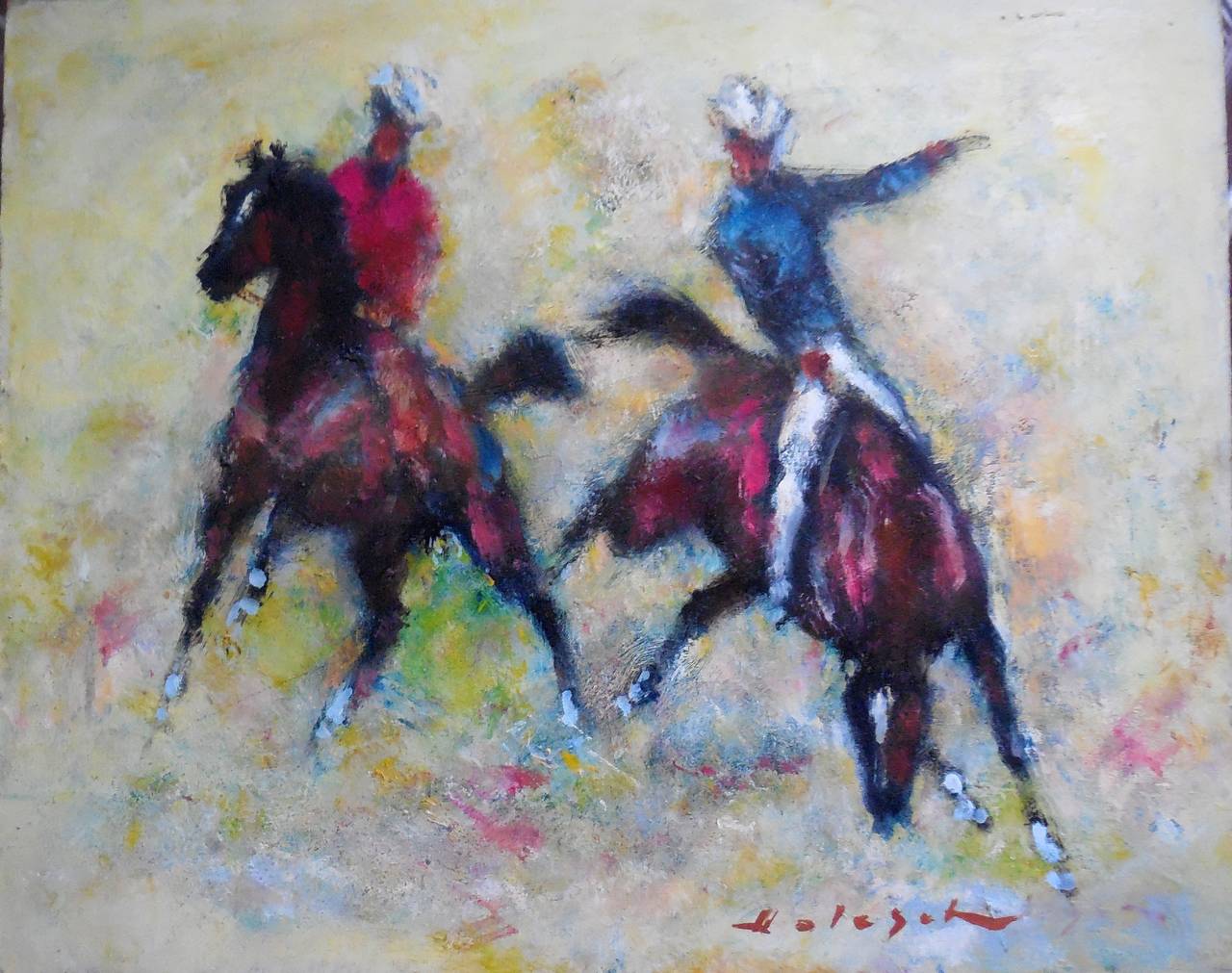Denes De Holesch Animal Painting - Cowboys on Horseback, Rodeo