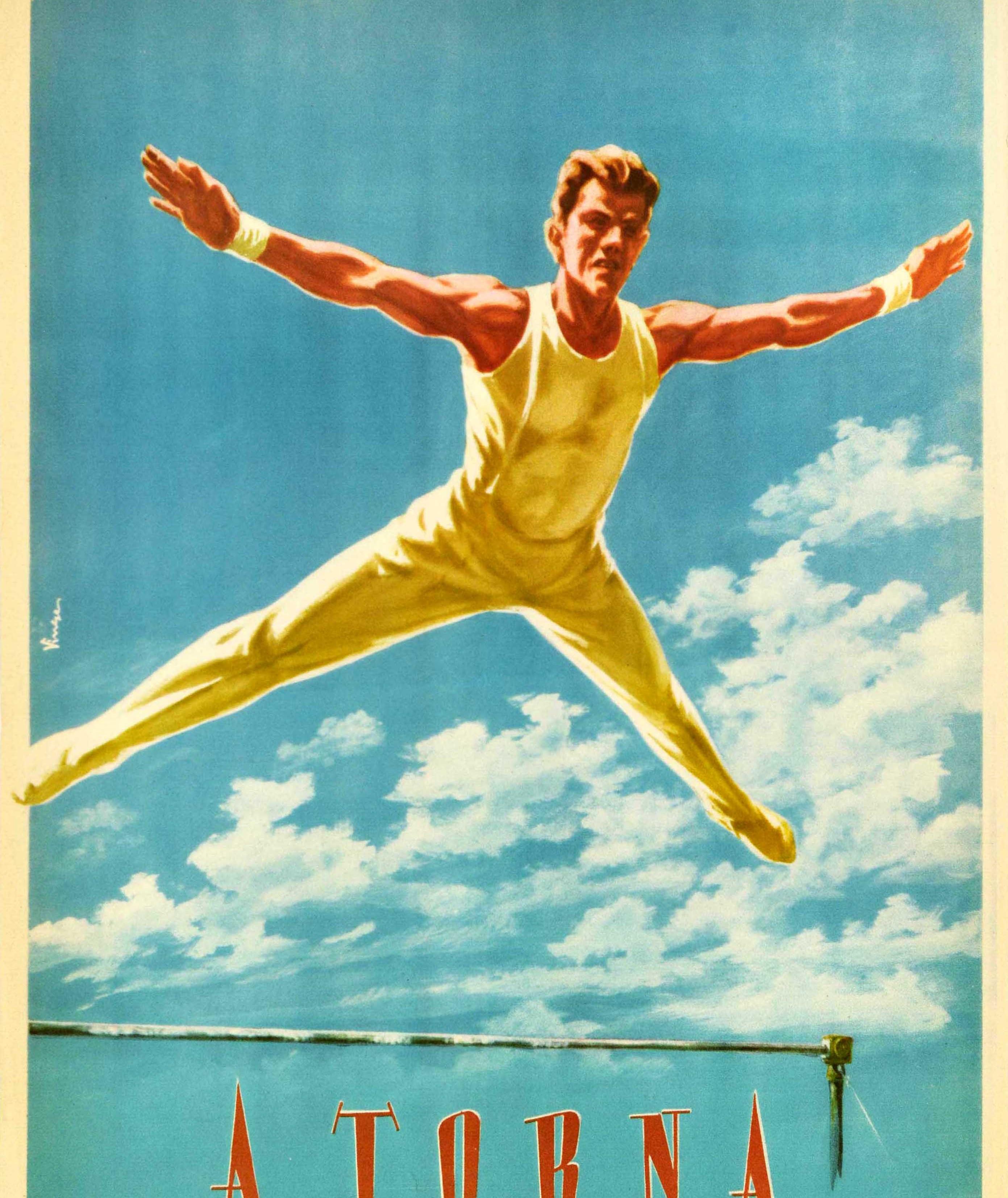 Poster sportivo ungherese originale d'epoca che promuove la ginnastica come torneo di volo - A Torna a lendulet ero batorsag sportia / La ginnastica è uno sport di passione, forza e coraggio - con un disegno dinamico che raffigura un ginnasta che