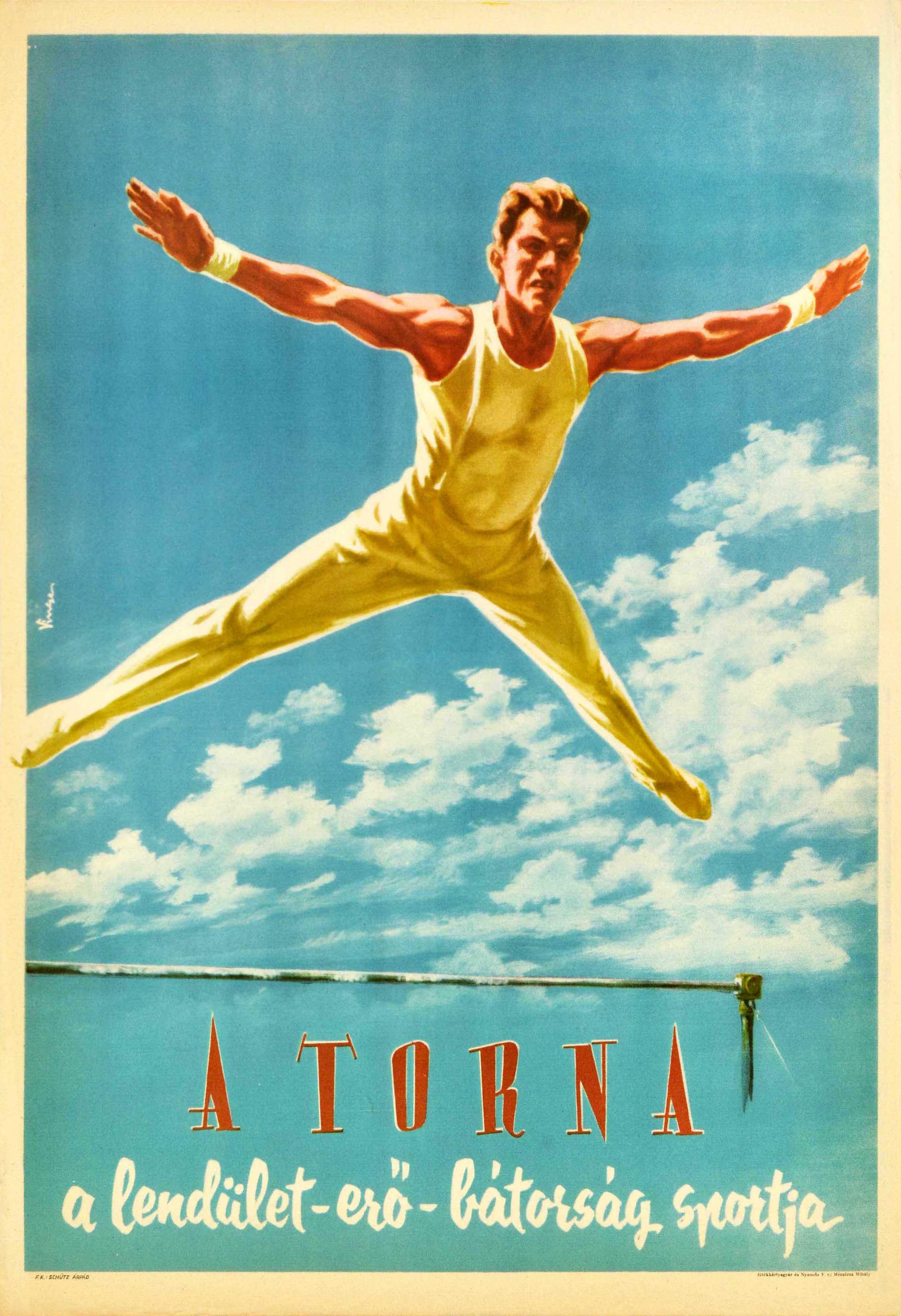 Print di Denes Vincze - Poster sportivo originale d'epoca Torna Ungheria Ginnastica Volo Forza Coraggio