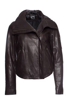 Denham, veste en cuir marron à col montant