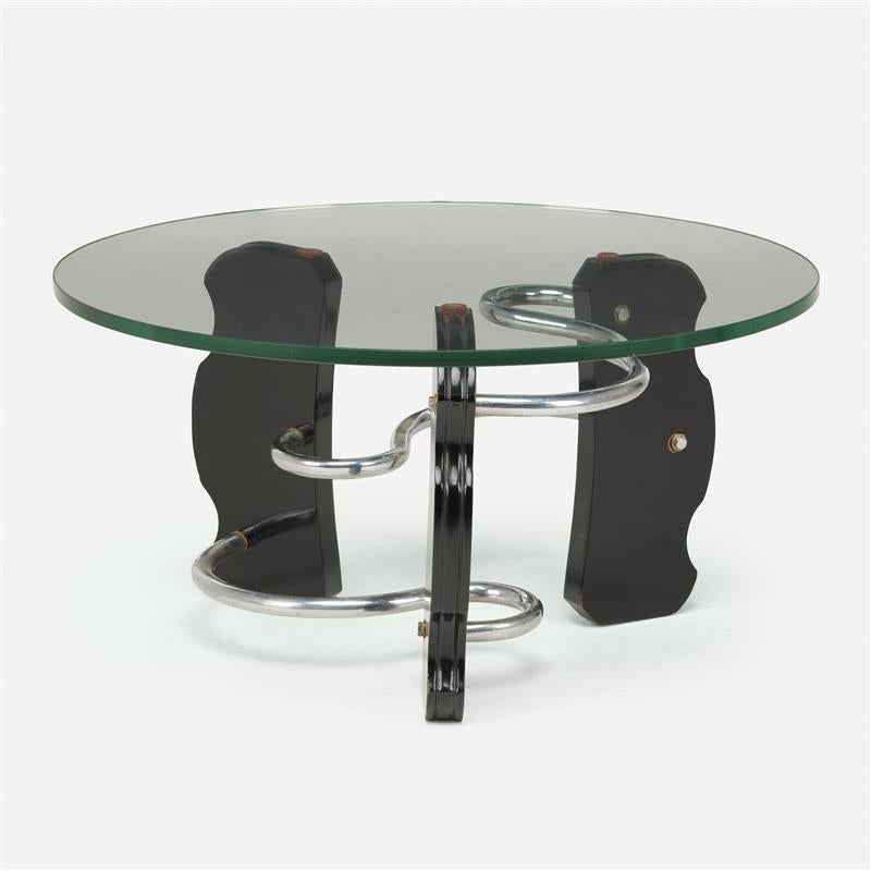 Seltener Denham Maclaren Couchtisch Vereinigtes Königreich, ca. 1930 
Glas, lackiertes Holz, verchromter Stahl, Gummi.