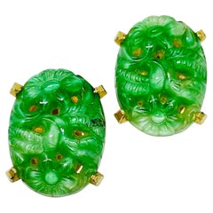 Vintage-Clip-Ohrringe von DENICOLA, goldfarben, mit grünem Glas und Jade-Design
