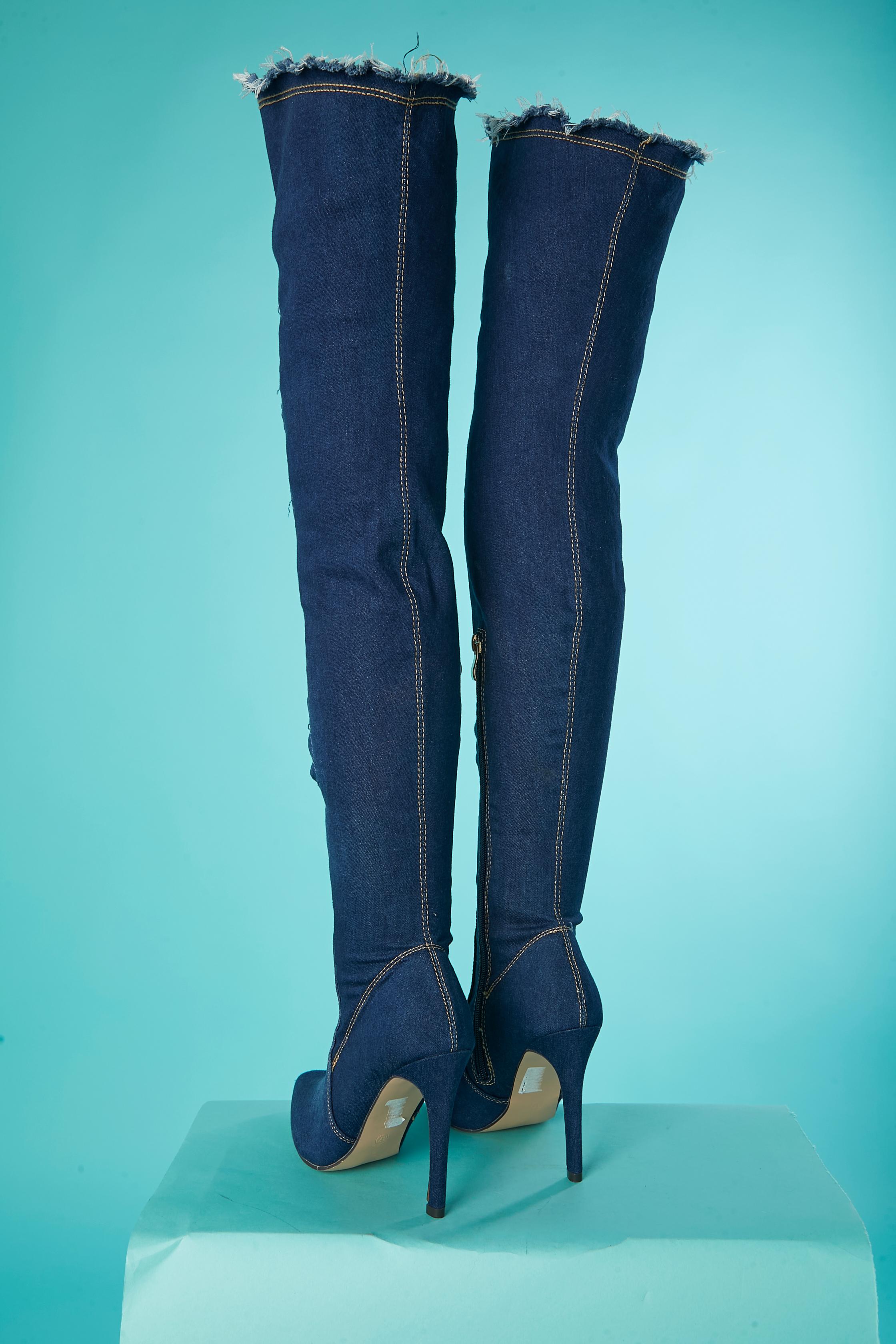Blue Denim and resille thigh boots with high heels Donna Moda  For Sale