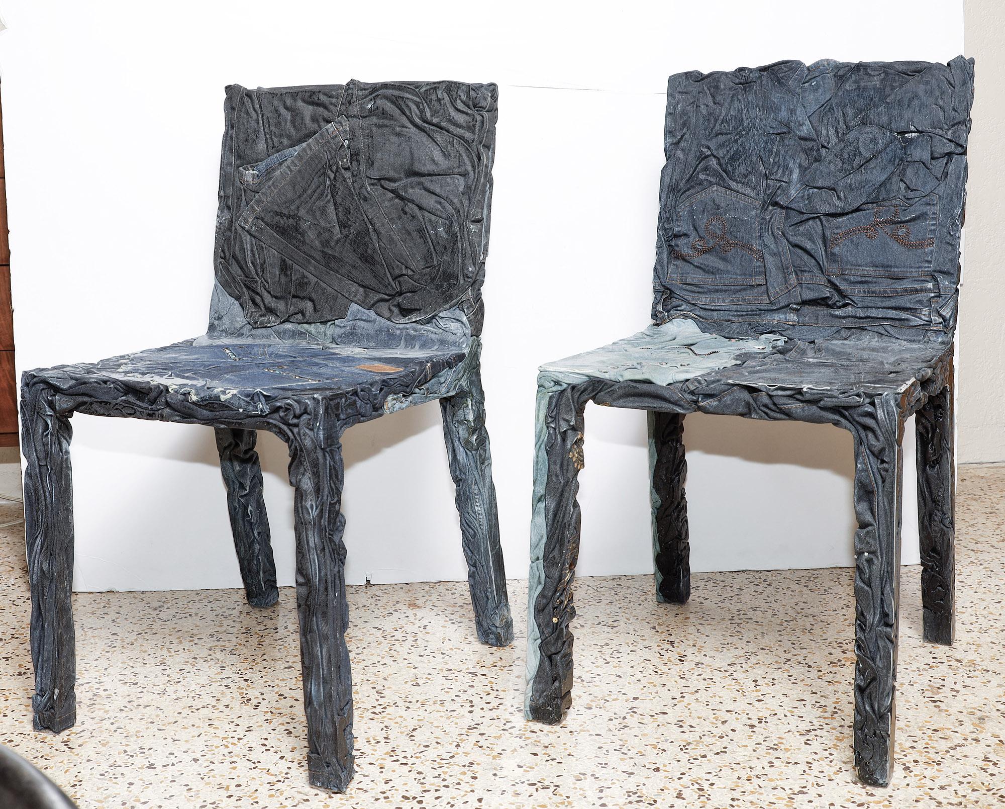 Functional art formed where a future of sustainability meets the memories of the past, recycled denim and a proprietary resin blend are used to create this pair of 