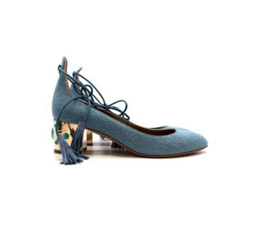 Black Denim ankle wrap block heeled pumps For Sale