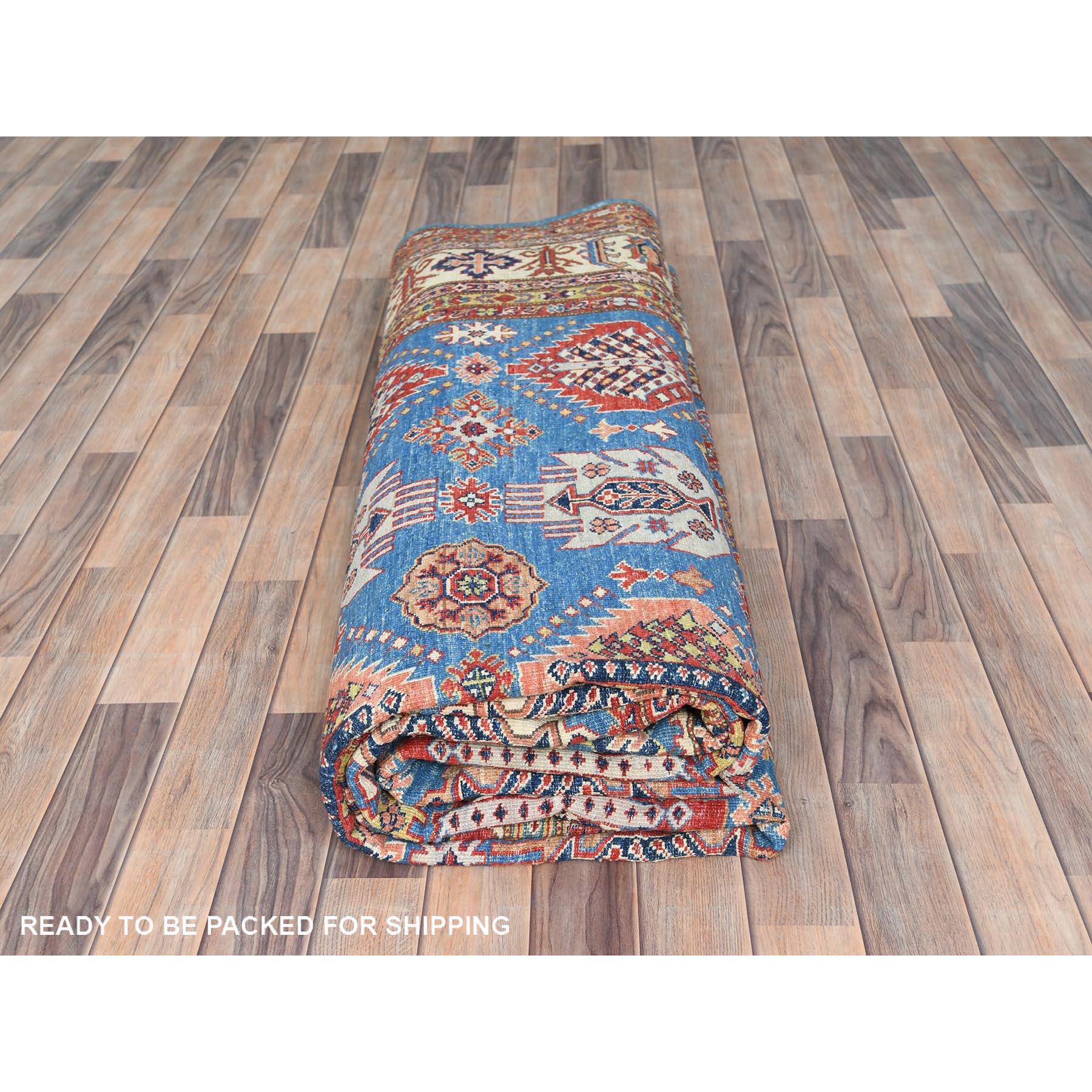 Tapis oriental bleu afghan super Kazak en laine douce nouée à la main  9'x12'7