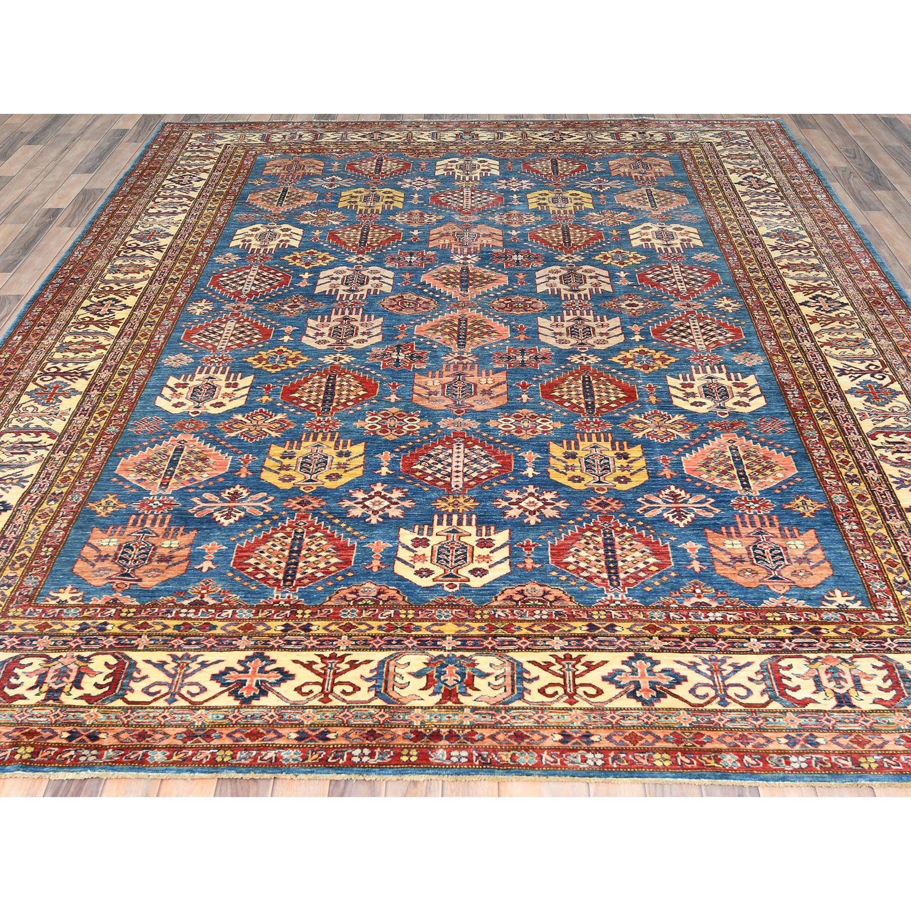 Kazakh Tapis oriental bleu afghan super Kazak en laine douce nouée à la main  9'x12'7