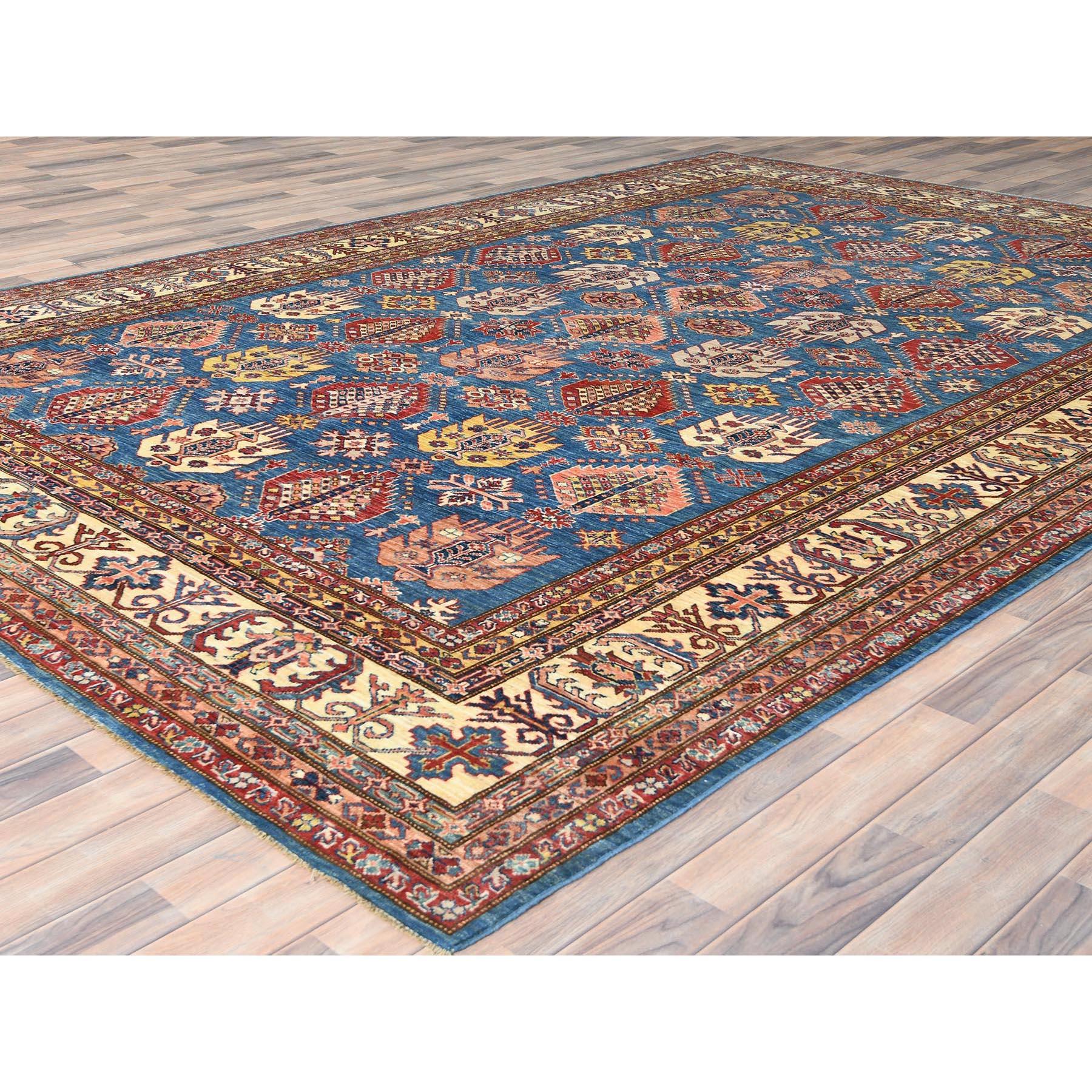 Afghan Tapis oriental bleu afghan super Kazak en laine douce nouée à la main  9'x12'7