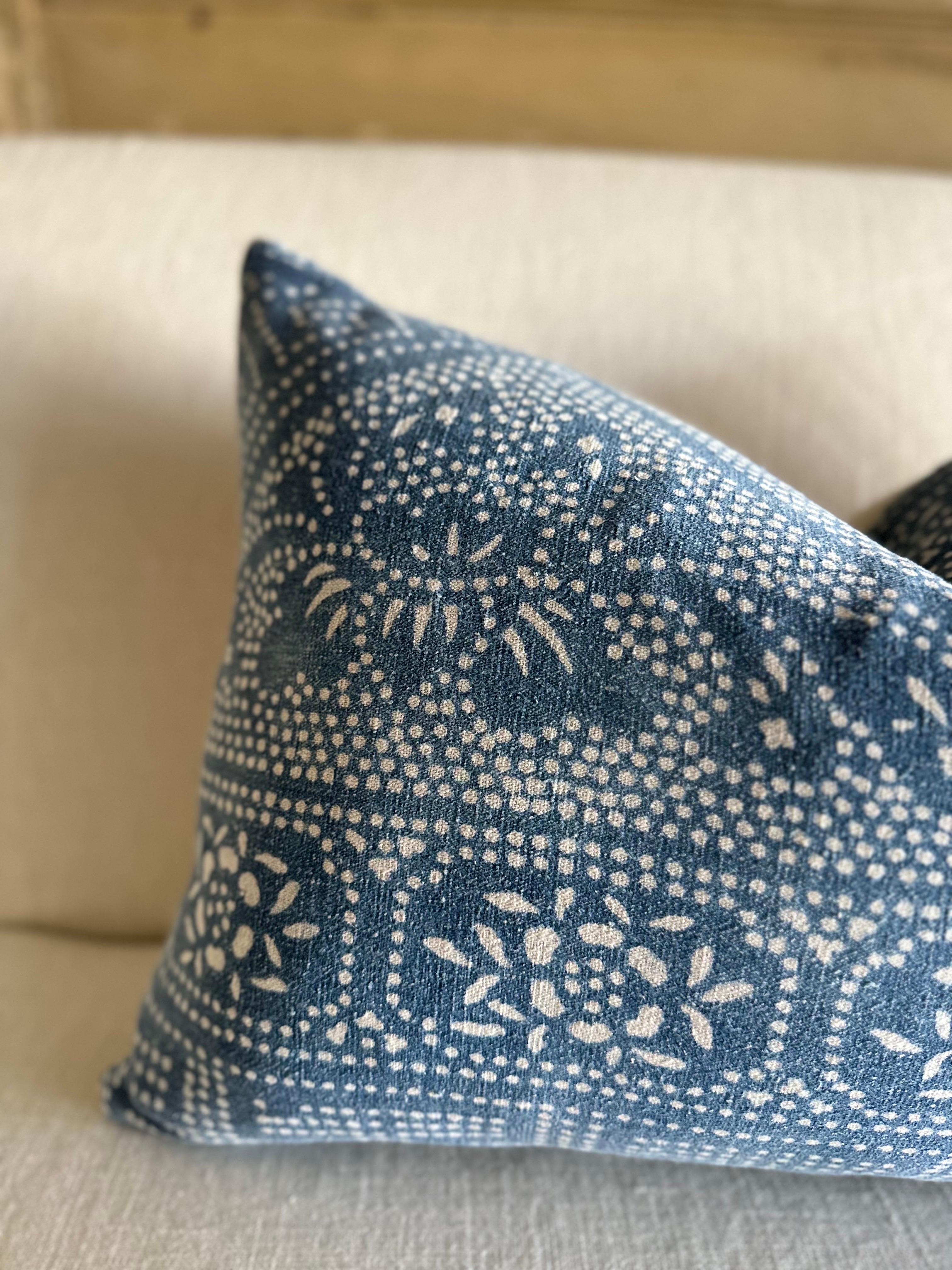 Organic Modern Denim Blue Batik Style Lumbar Pillow from Vintage Fabric
