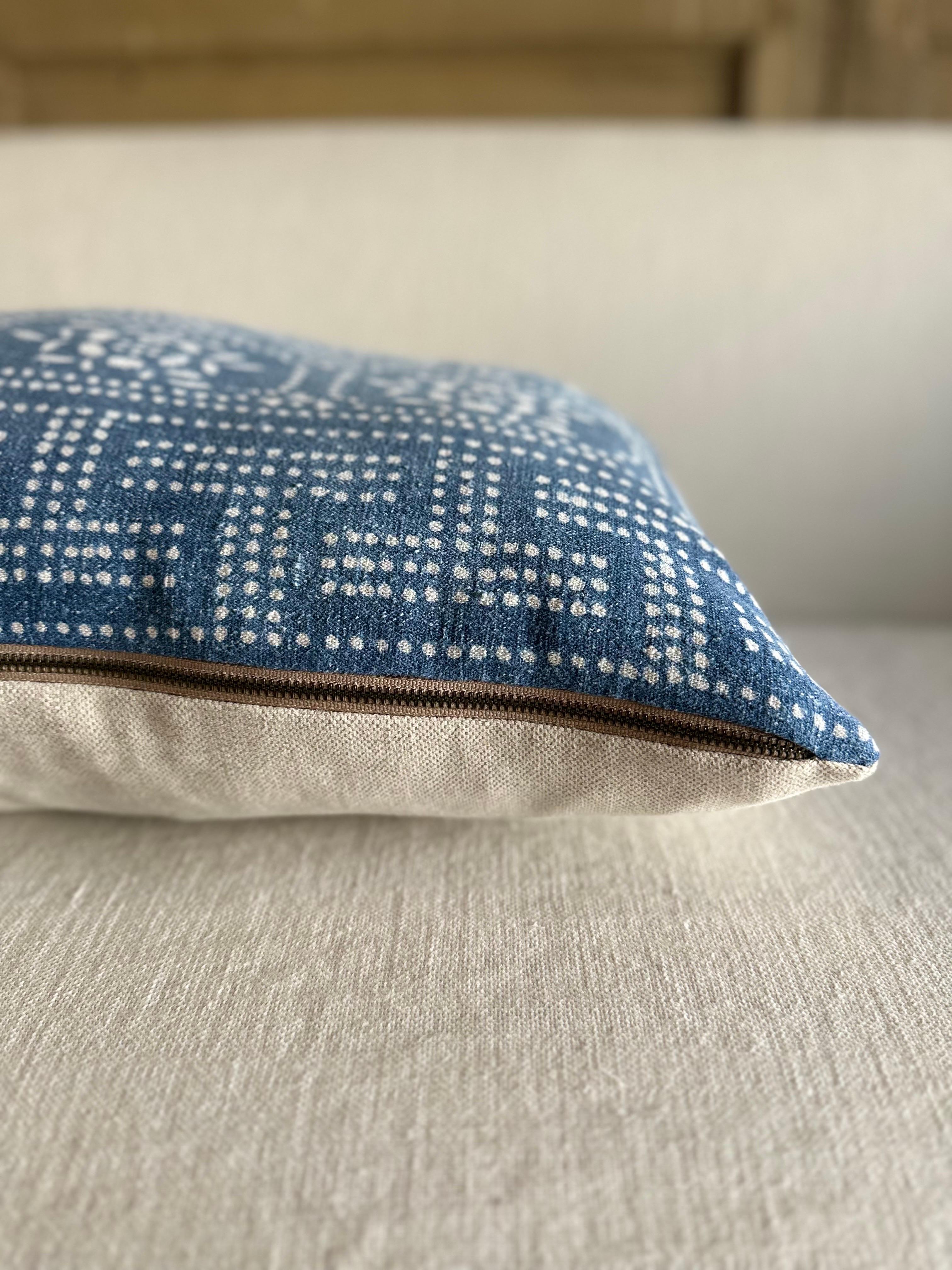 American Denim Blue Batik Style Lumbar Pillow from Vintage Fabric