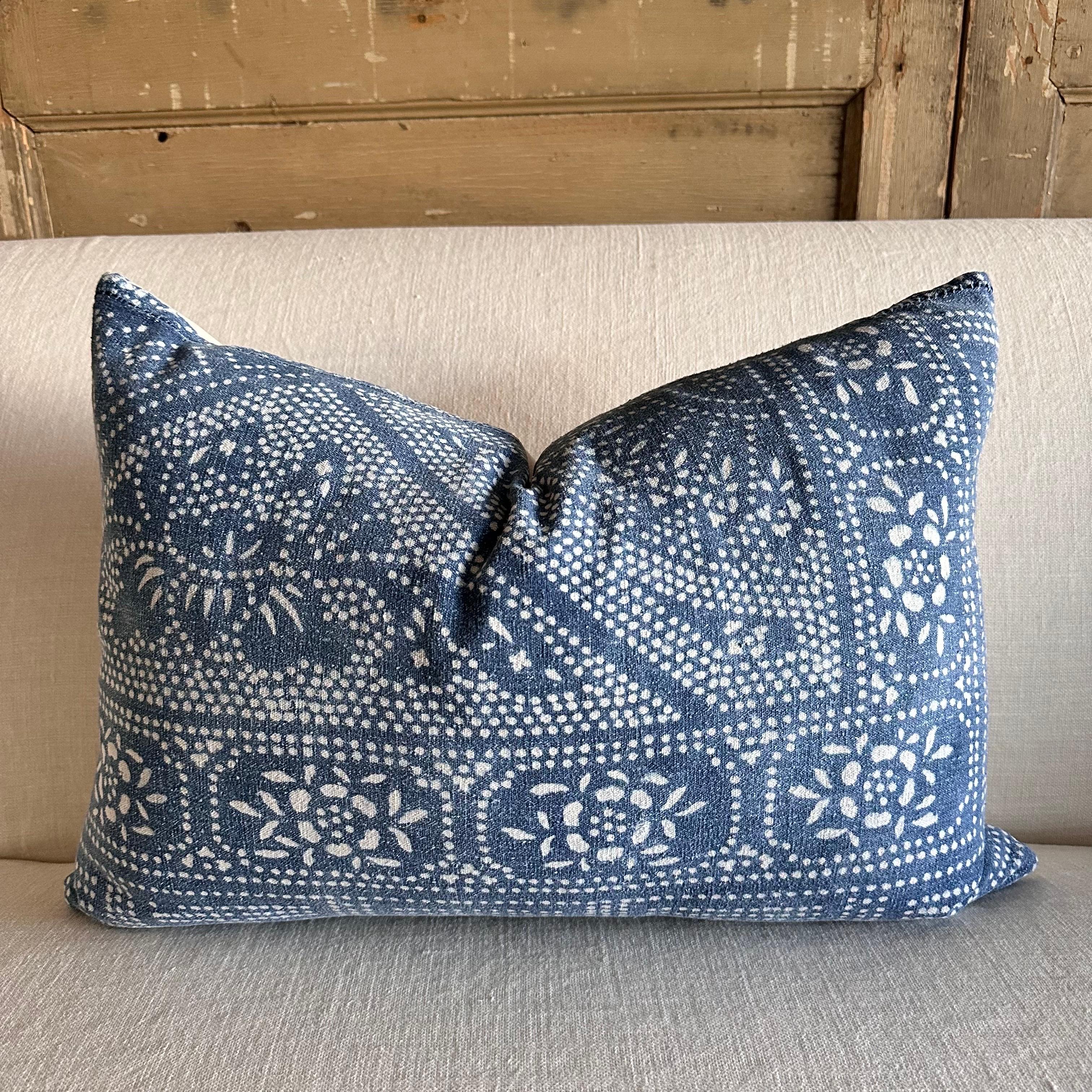 Denim Blue Batik Style Lumbar Pillow from Vintage Fabric In New Condition In Brea, CA