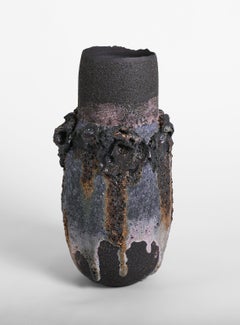 vaso vulcanico blu denim, rosa blush e nero con pietra lavica