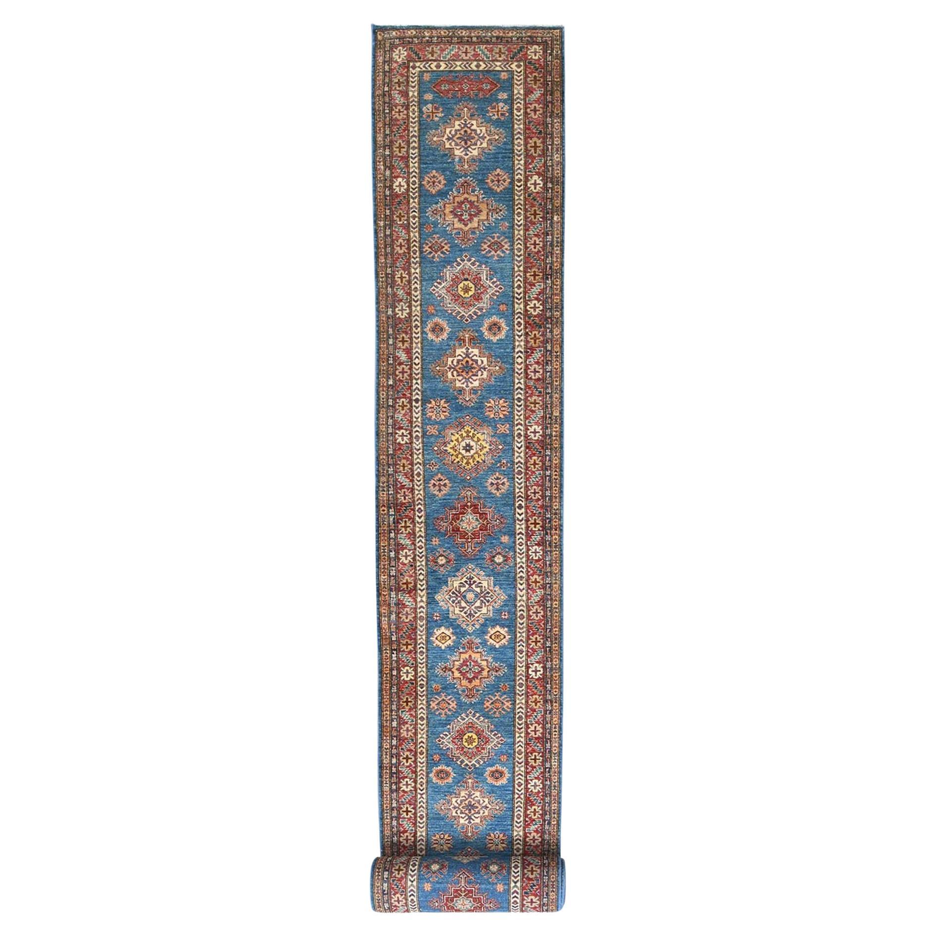 Denim Blue Hand Knotted Afghan Super Kazak Pure Wool XL Runner Rug 2'8" x 40'8"