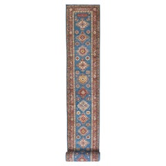 Azul Denim Alfombra afgana anudada a mano Super Kazak XL de pura lana 2'8" x 40'8