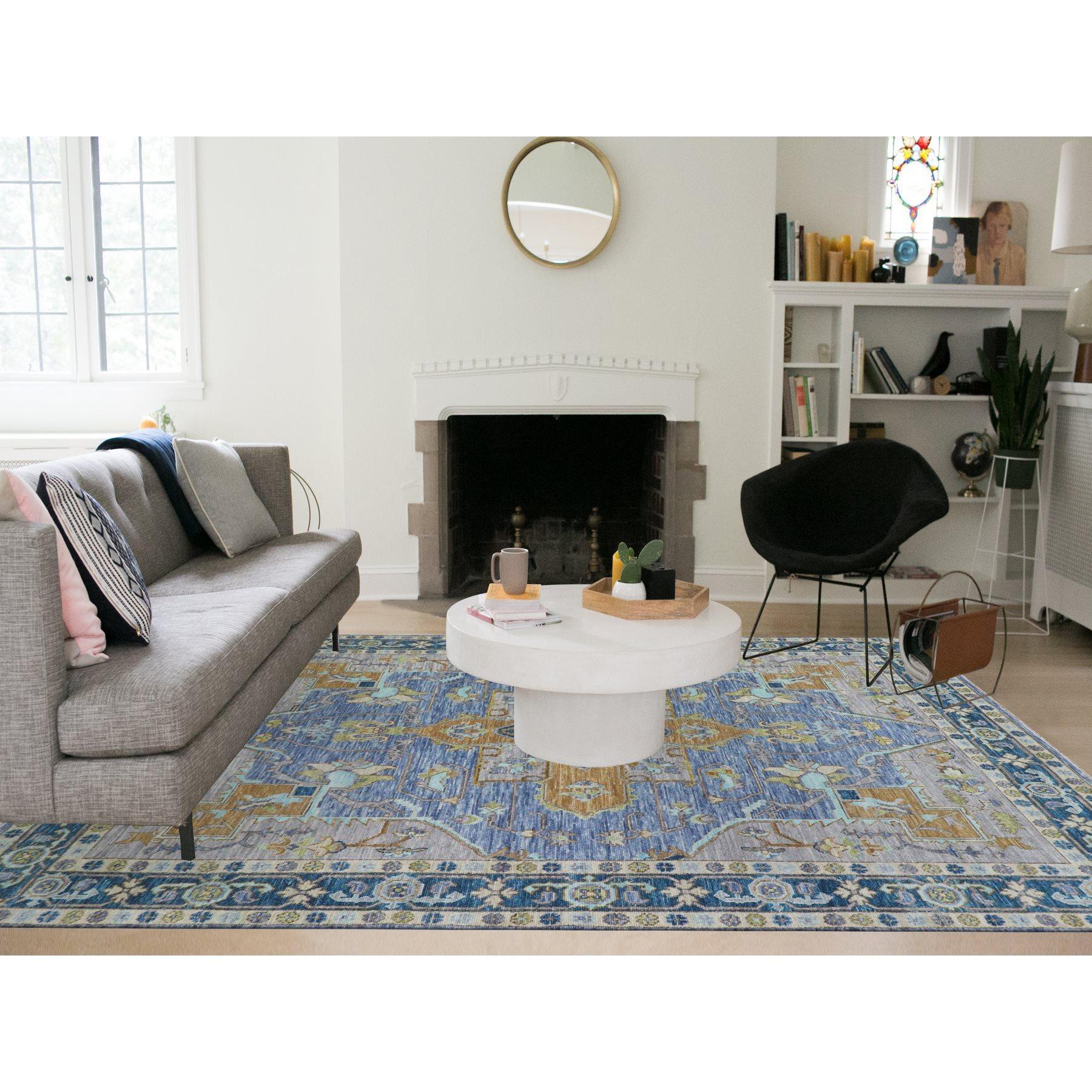 Denim Blue, Heriz Design, Soft to the Touch, Hand Knotted, 100% Wool, Vegetable Dyes, Oriental Rug
Primary materials: Wool
Latex: No
Pile height: 0.25 Inches
Style: Traditional
Primary color: Blue
Secondary colors: Gray, Green, Brown, Light