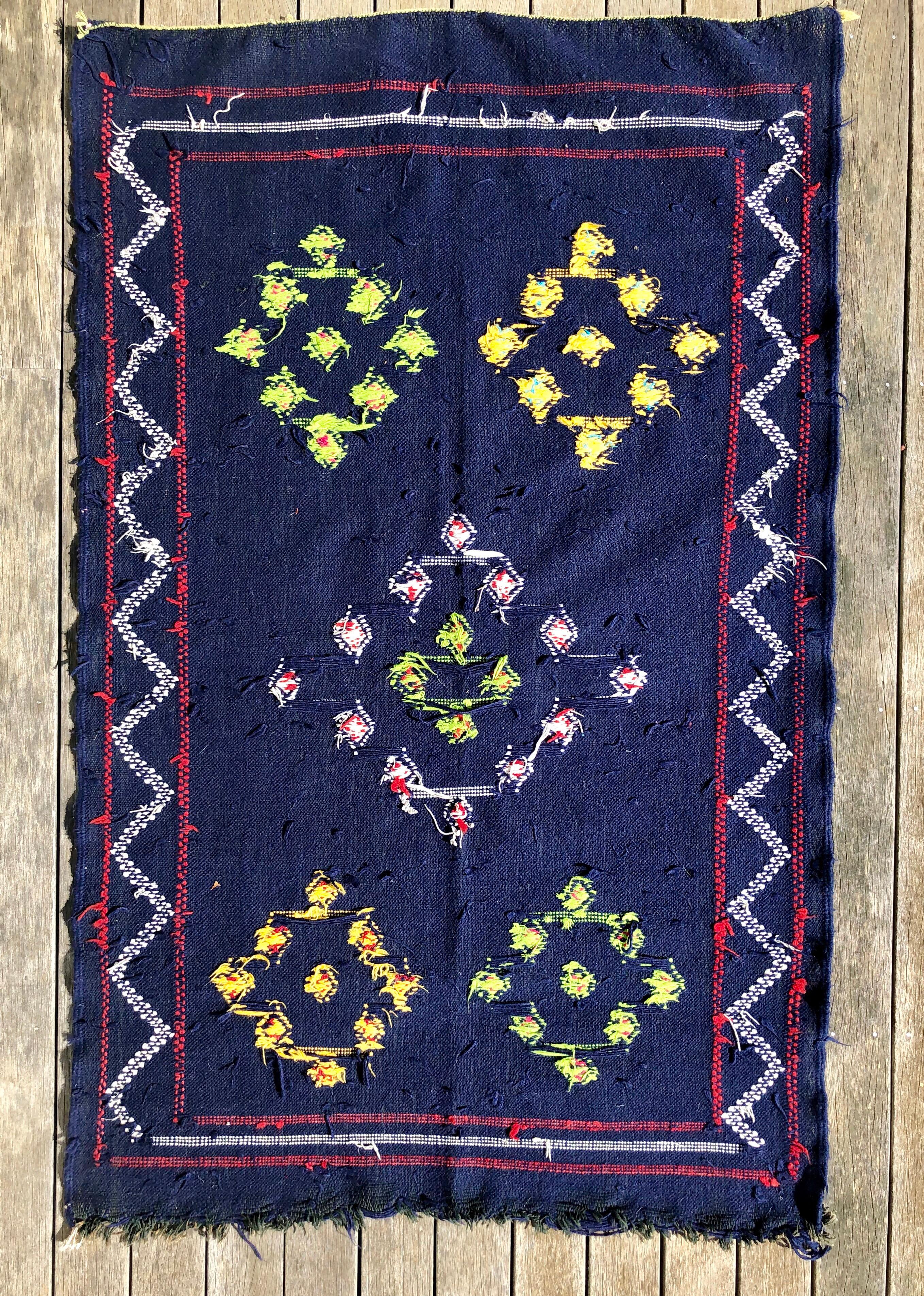 Denim Blue Moroccan Kilim Rug Tribal Organic Cotton Flat-Weave Handmade Boho For Sale 1