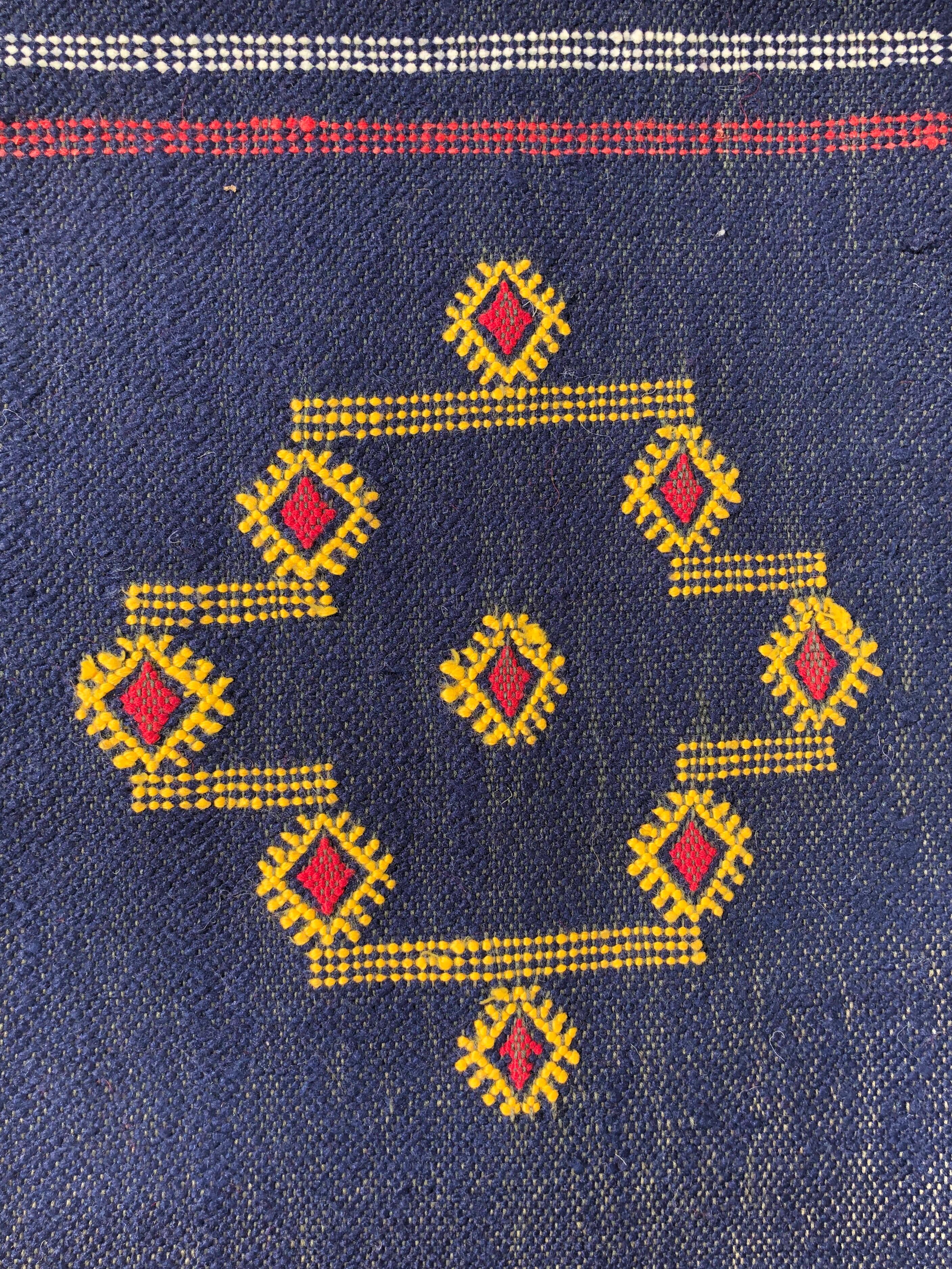 Hand-Woven Denim Blue Moroccan Kilim Rug Tribal Organic Cotton Flat-Weave Handmade Boho For Sale