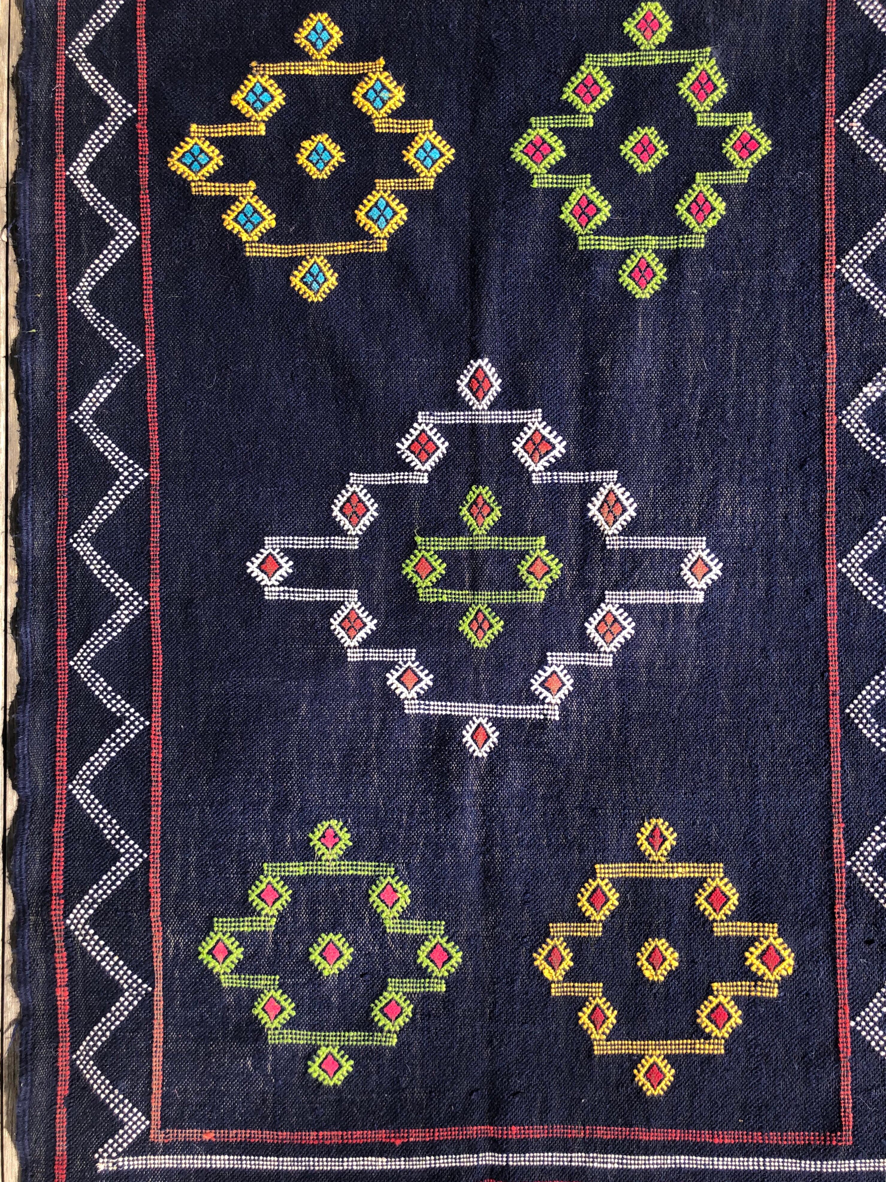 Denim Blue Moroccan Kilim Rug Tribal Organic Cotton Flat-Weave Handmade Boho In Good Condition For Sale In Vineyard Haven, MA