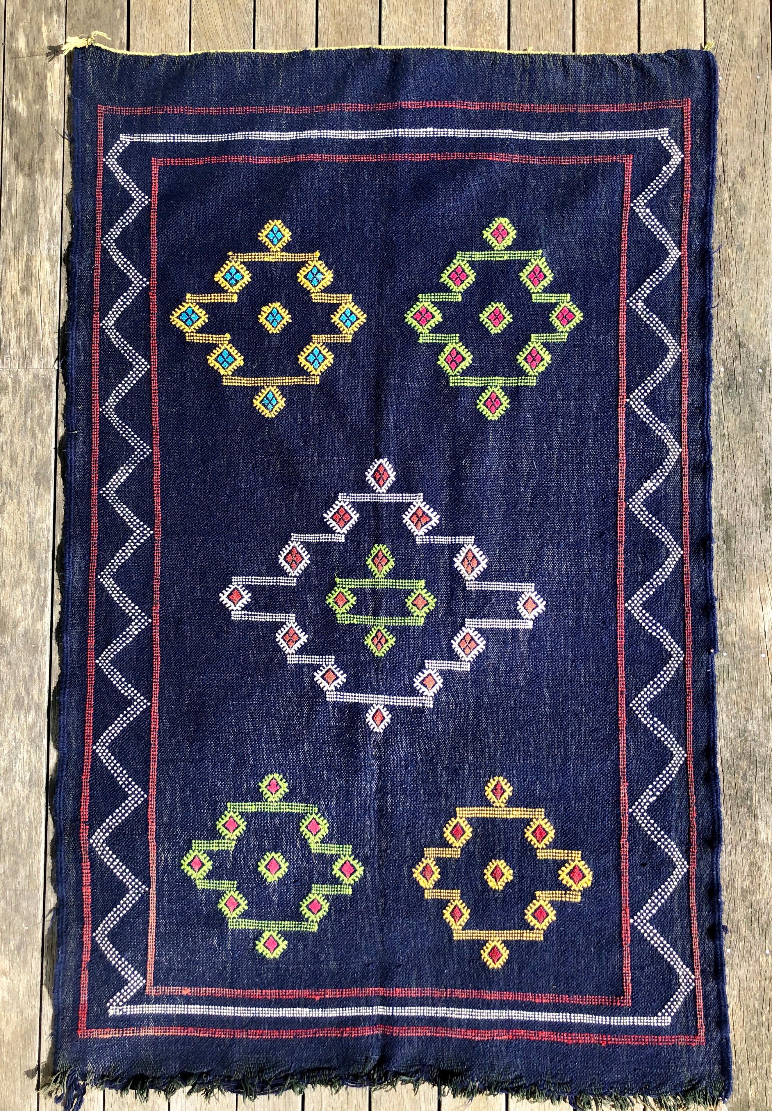 20th Century Denim Blue Moroccan Kilim Rug Tribal Organic Cotton Flat-Weave Handmade Boho For Sale