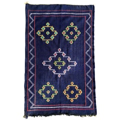 Denim Blue Moroccan Kilim Rug Tribal Organic Cotton Flat-Weave Handmade Boho