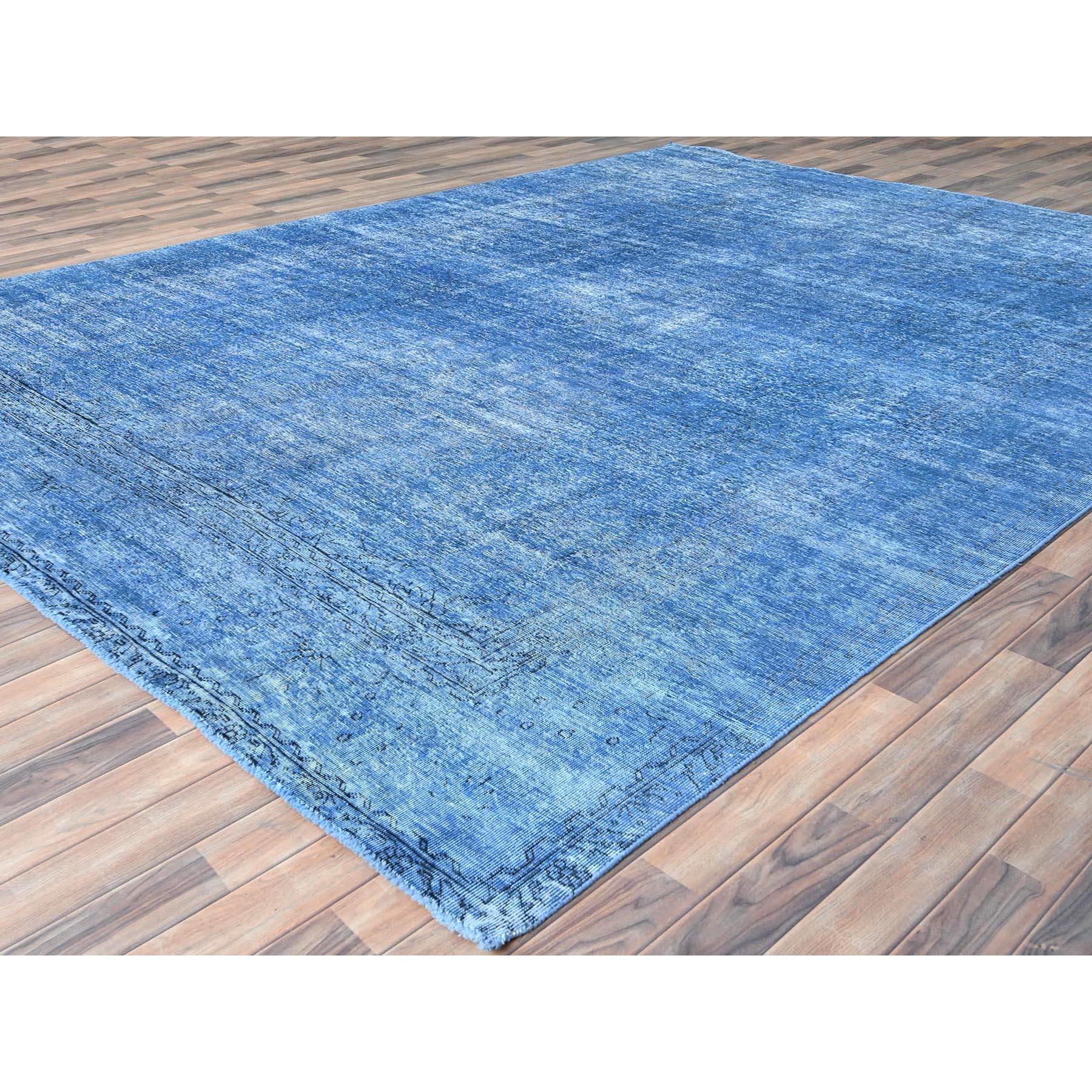 Medieval Denim Blue Old Persian Tabriz Worn Down Rustic Look Worn Wool Hand Knotted Rug For Sale