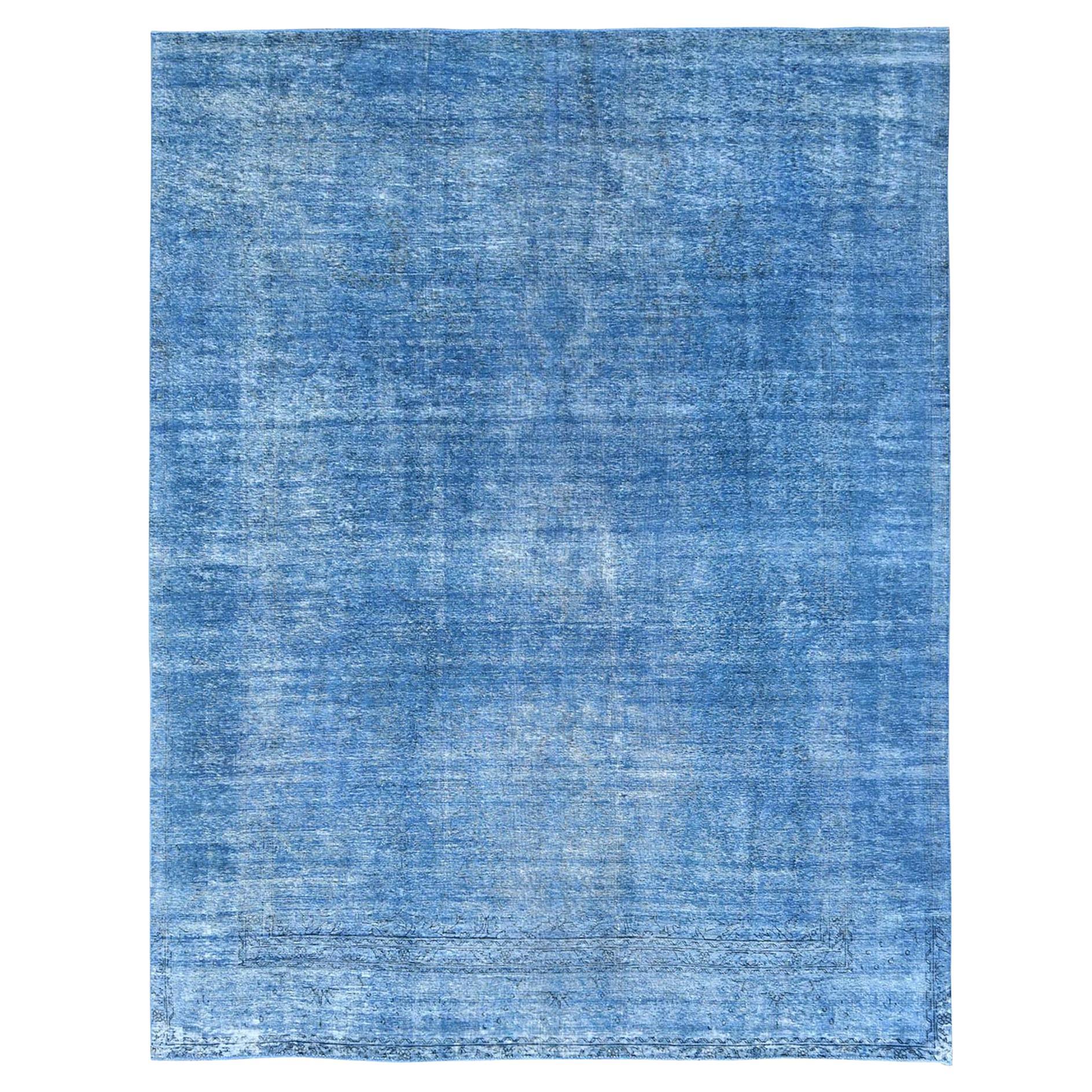 Denim Blauer handgeknüpfter Teppich aus Wolle mit altem persischen Täbris, Rustikaler Look