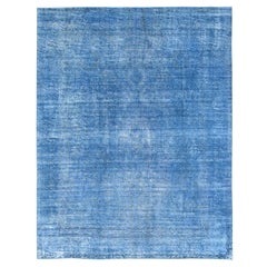 Tapis en denim bleu de Tabriz persan ancien porté, look rustique, noué à la main, en laine