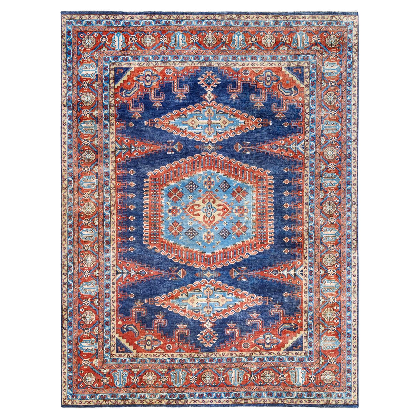 Denim Blue Organic Wool Persian Viss Design Hand Knotted Oriental Rug 9'1"x12'