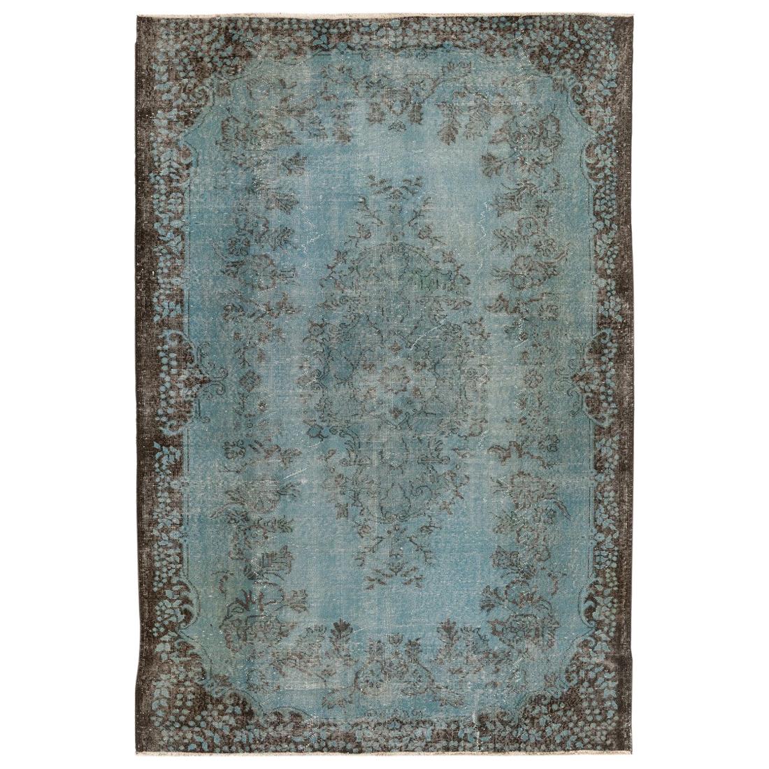 6x9 Ft Vintage Turkish Rug OverDyed in Cerulean Blue Color. Wool