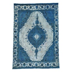 Denim Blue Overdyed Persian Tabriz Barjasta Pure Wool Vintage Rug