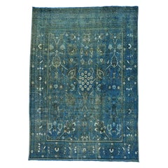Denim Blue Overdyed Persian Tabriz Worn Down Handmade Oriental Rug