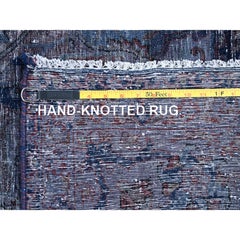 Denim Blue Overdyed Vintage Tabriz Pure Wool Sheared Low Clean Hand Knotted Rug