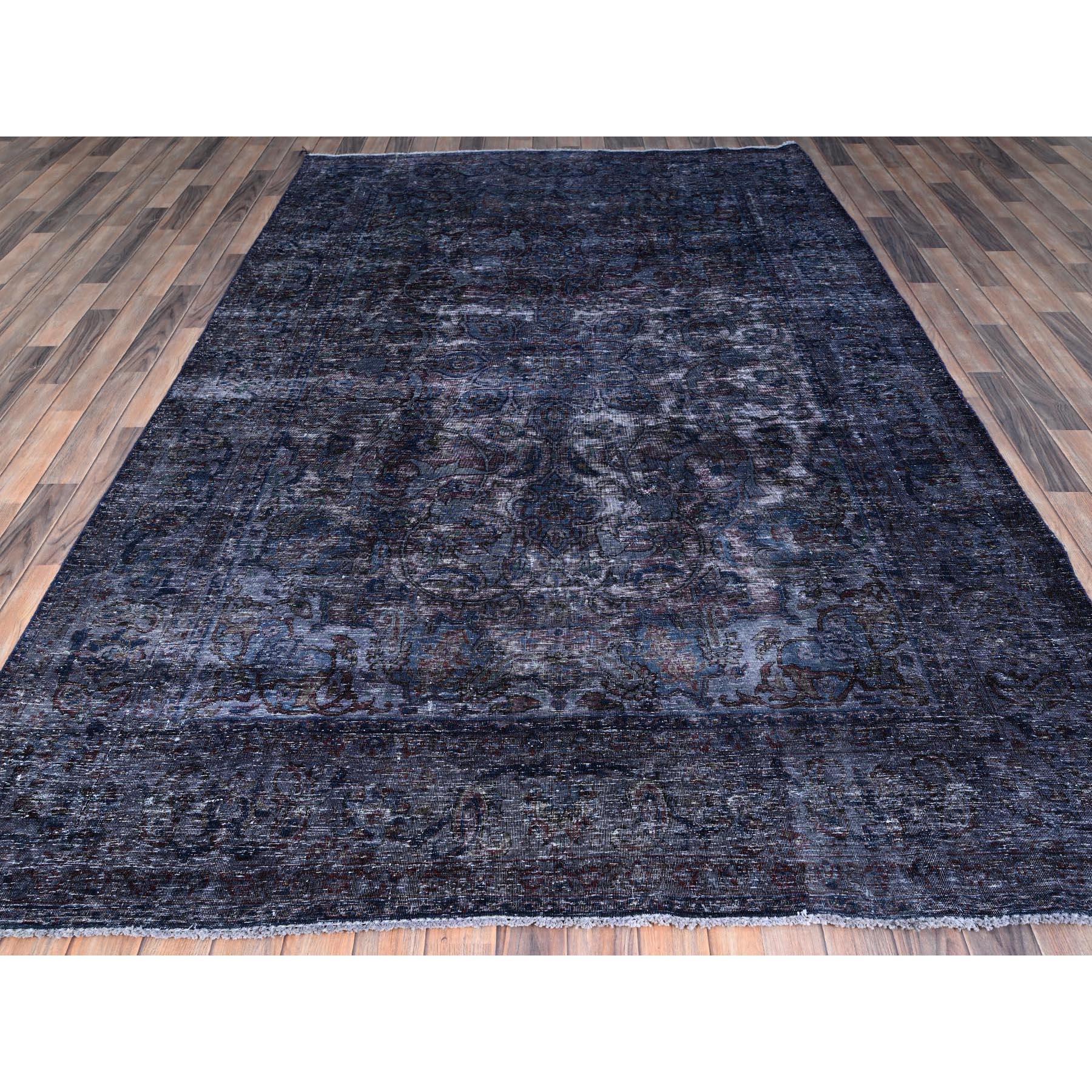 Persian Denim Blue Overdyed Vintage Tabriz Pure Wool Sheared Low Clean Hand Knotted Rug For Sale
