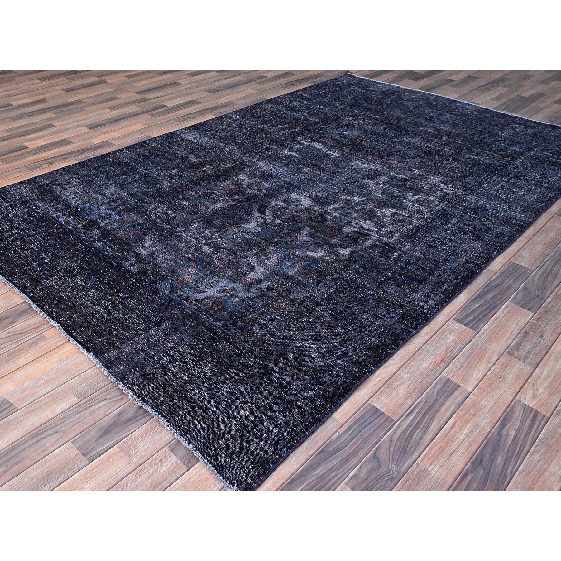 Hand-Knotted Denim Blue Overdyed Vintage Tabriz Pure Wool Sheared Low Clean Hand Knotted Rug For Sale