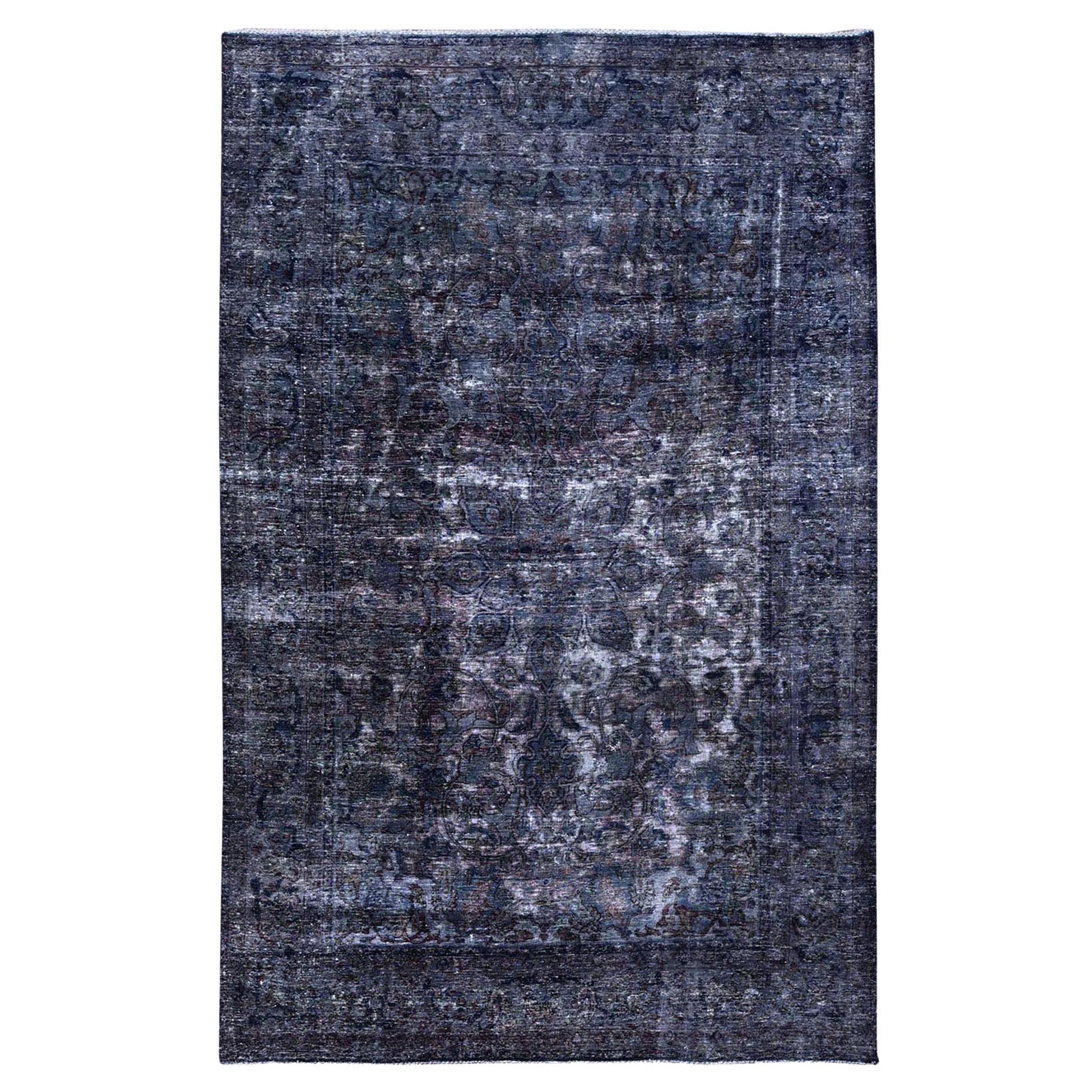 Denim Blue Overdyed Vintage Tabriz Pure Wool Sheared Low Clean Hand Knotted Rug For Sale