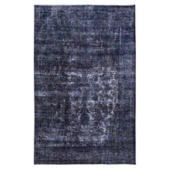 Denim Blue Overdyed Retro Tabriz Pure Wool Sheared Low Clean Hand Knotted Rug