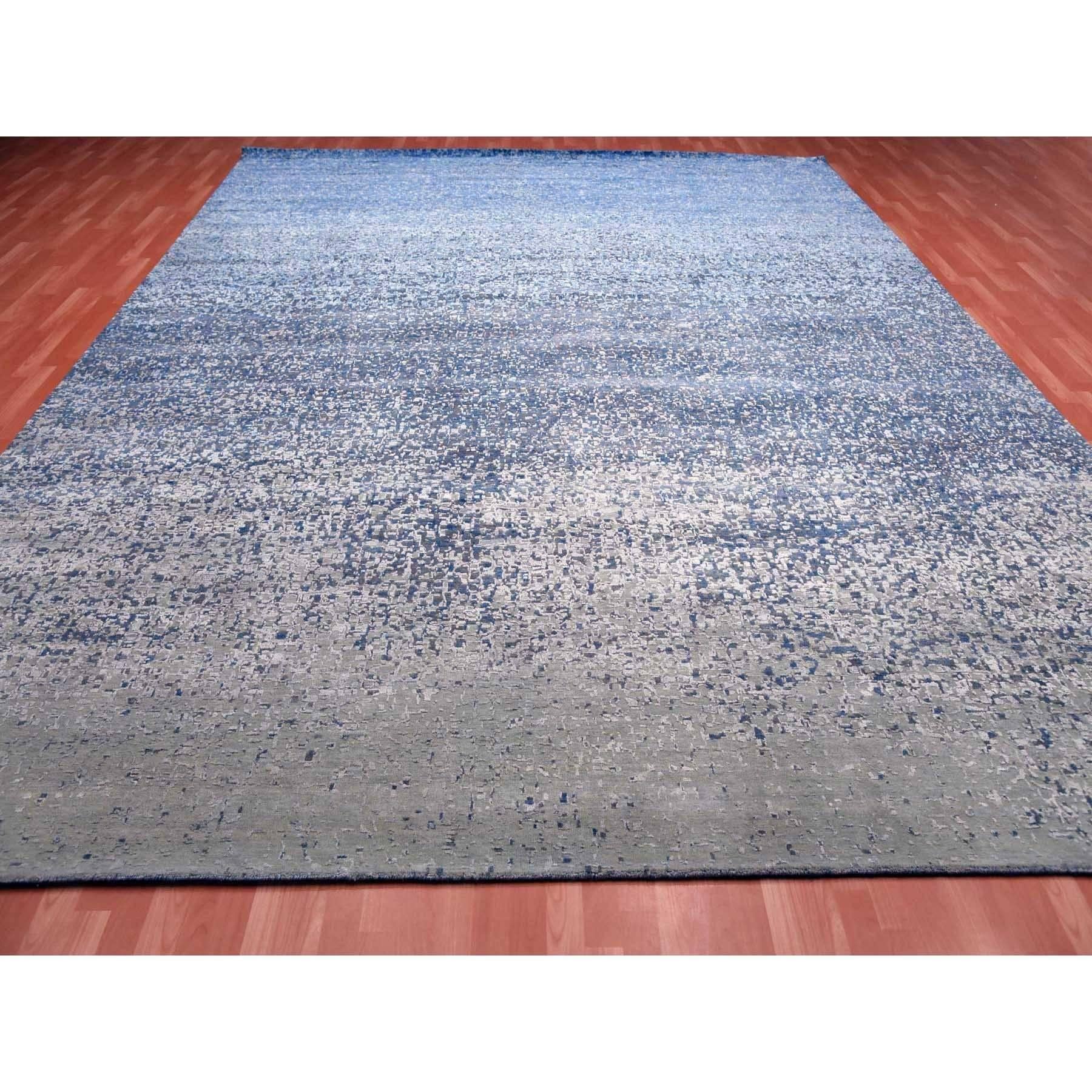 Indian Denim Blue Pure Silk and Wool Modern Hand Knotted Oversized Rug 12'0